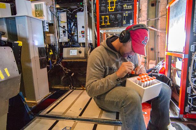 Scientist Ewan Crosbie has developed a mechanism for sampling actual cloud droplets in flight. Here he’s labeling his test vials for future examination in ground based labs.  ---  The <b><a href="http://naames.larc.nasa.gov/" rel="nofollow">North Atlantic Aerosols and Marine Ecosystems Study </a></b> (NAAMES) is a five year investigation to resolve key processes controlling ocean system function, their influences on atmospheric aerosols and clouds and their implications for climate.  Michael Starobin joined the NAAMES field campaign on behalf of Earth Expeditions and NASA Goddard Space Flight Center’s Office of Communications. He presented stories about the important, multi-disciplinary research being conducted by the NAAMES team, with an eye towards future missions on the NASA drawing board. This is a NAAMES photo essay put together by Starobin, a collection of 49 photographs and captions.  Photo and Caption Credit: Michael Starobin   <b><a href="http://www.nasa.gov/audience/formedia/features/MP_Photo_Guidelines.html" rel="nofollow">NASA image use policy</a></b>  <b><a href="http://www.nasa.gov/centers/goddard/home/index.html" rel="nofollow">NASA Goddard Space Flight Center</a></b> enables NASA’s mission through four scientific endeavors: Earth Science, Heliophysics, Solar System Exploration, and Astrophysics. Goddard plays a leading role in NASA’s accomplishments by contributing compelling scientific knowledge to advance the Agency’s mission.  <b>Follow us on <a href="http://twitter.com/NASAGoddardPix" rel="nofollow">Twitter</a></b>  <b>Like us on <a href="http://www.facebook.com/pages/Greenbelt-MD/NASA-Goddard/395013845897?ref=tsd" rel="nofollow">Facebook</a></b>  <b>Find us on <a href="https://www.instagram.com/nasagoddard/?hl=en" rel="nofollow">Instagram</a></b> 