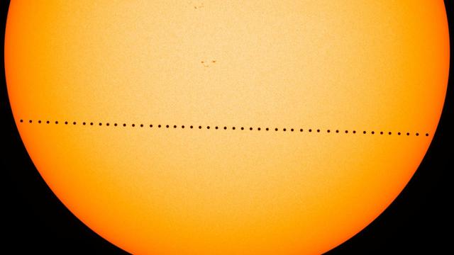 On May 9, 2016, Mercury passed directly between the sun and Earth. This event – which happens about 13 times each century – is called a transit. NASA’s Solar Dynamics Observatory, or SDO, studies the sun 24/7 and captured the entire seven-and-a-half-hour event. This composite image of Mercury’s journey across the sun was created with visible-light images from the Helioseismic and Magnetic Imager on SDO. Image Credit: NASA's Goddard Space Flight Center/SDO/Genna Duberstein <b><a href="http://www.nasa.gov/audience/formedia/features/MP_Photo_Guidelines.html" rel="nofollow">NASA image use policy.</a></b> <b><a href="http://www.nasa.gov/centers/goddard/home/index.html" rel="nofollow">NASA Goddard Space Flight Center</a></b> enables NASA’s mission through four scientific endeavors: Earth Science, Heliophysics, Solar System Exploration, and Astrophysics. Goddard plays a leading role in NASA’s accomplishments by contributing compelling scientific knowledge to advance the Agency’s mission. <b>Follow us on <a href="http://twitter.com/NASAGoddardPix" rel="nofollow">Twitter</a></b> <b>Like us on <a href="http://www.facebook.com/pages/Greenbelt-MD/NASA-Goddard/395013845897?ref=tsd" rel="nofollow">Facebook</a></b> <b>Find us on <a href="http://instagrid.me/nasagoddard/?vm=grid" rel="nofollow">Instagram</a></b>