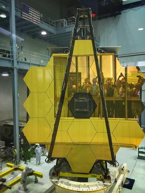 A rare view of the James Webb Space Telescope face-on, from the NASA Goddard cleanroom observation window.