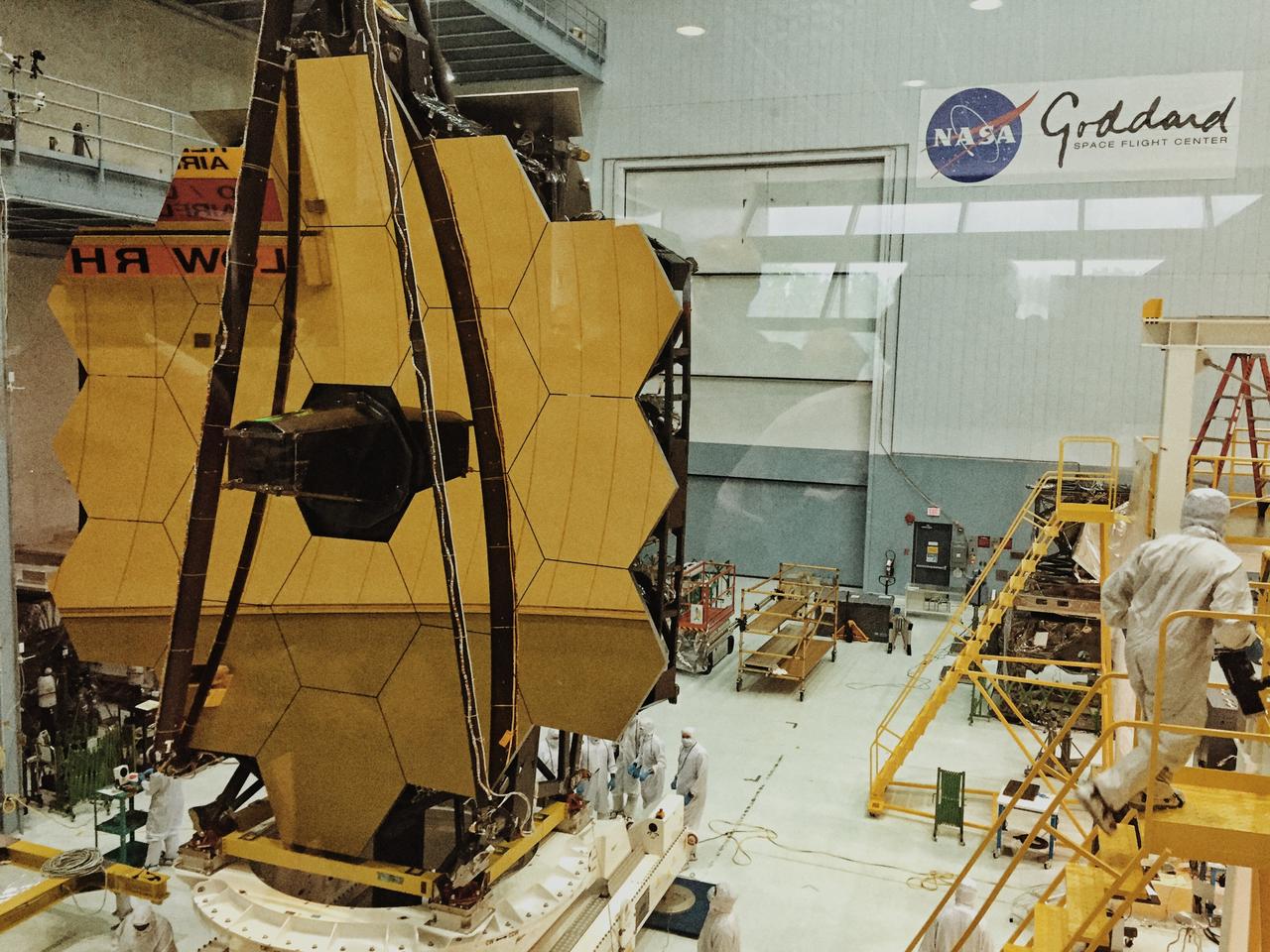 A rare view of the James Webb Space Telescope face-on, from the NASA Goddard cleanroom observation window.  Credit: NASA/Goddard/Rebecca Roth