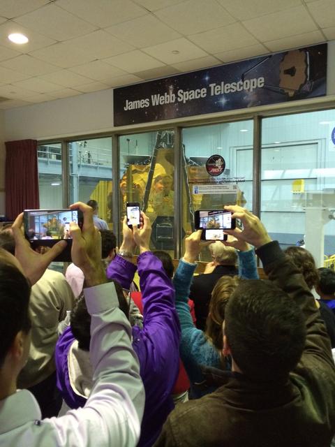A rare view of the James Webb Space Telescope face-on, from the NASA Goddard cleanroom observation window.