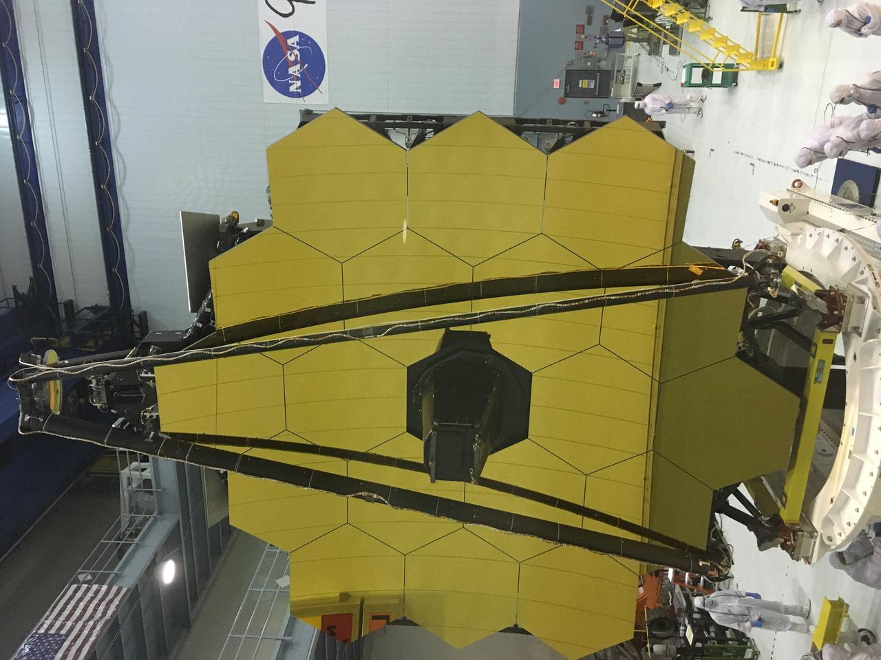 A rare view of the James Webb Space Telescope face-on, from the NASA Goddard cleanroom observation window.