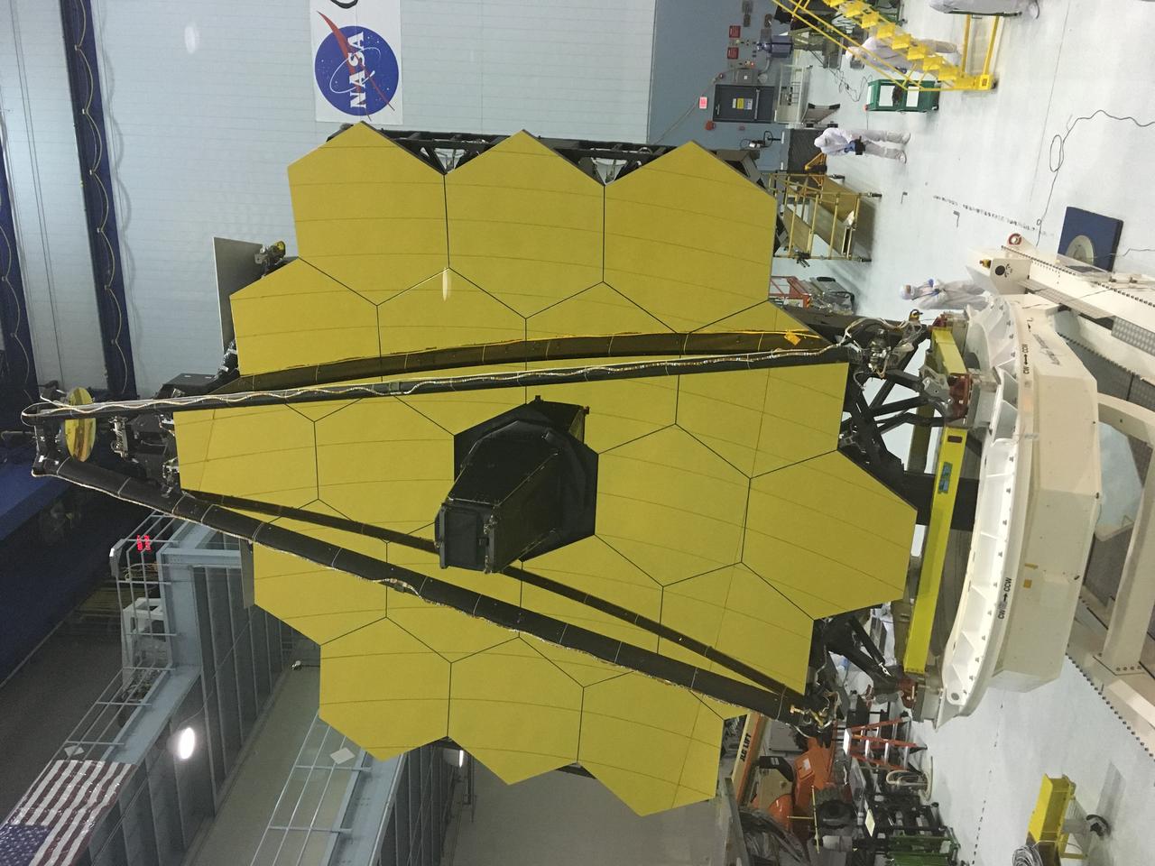 A rare view of the James Webb Space Telescope face-on, from the NASA Goddard cleanroom observation window.