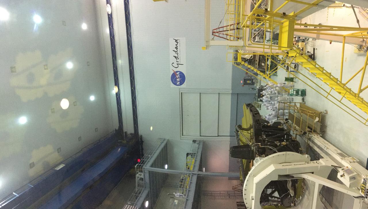 A rare view of the James Webb Space Telescope face-on, from the NASA Goddard cleanroom observation window.