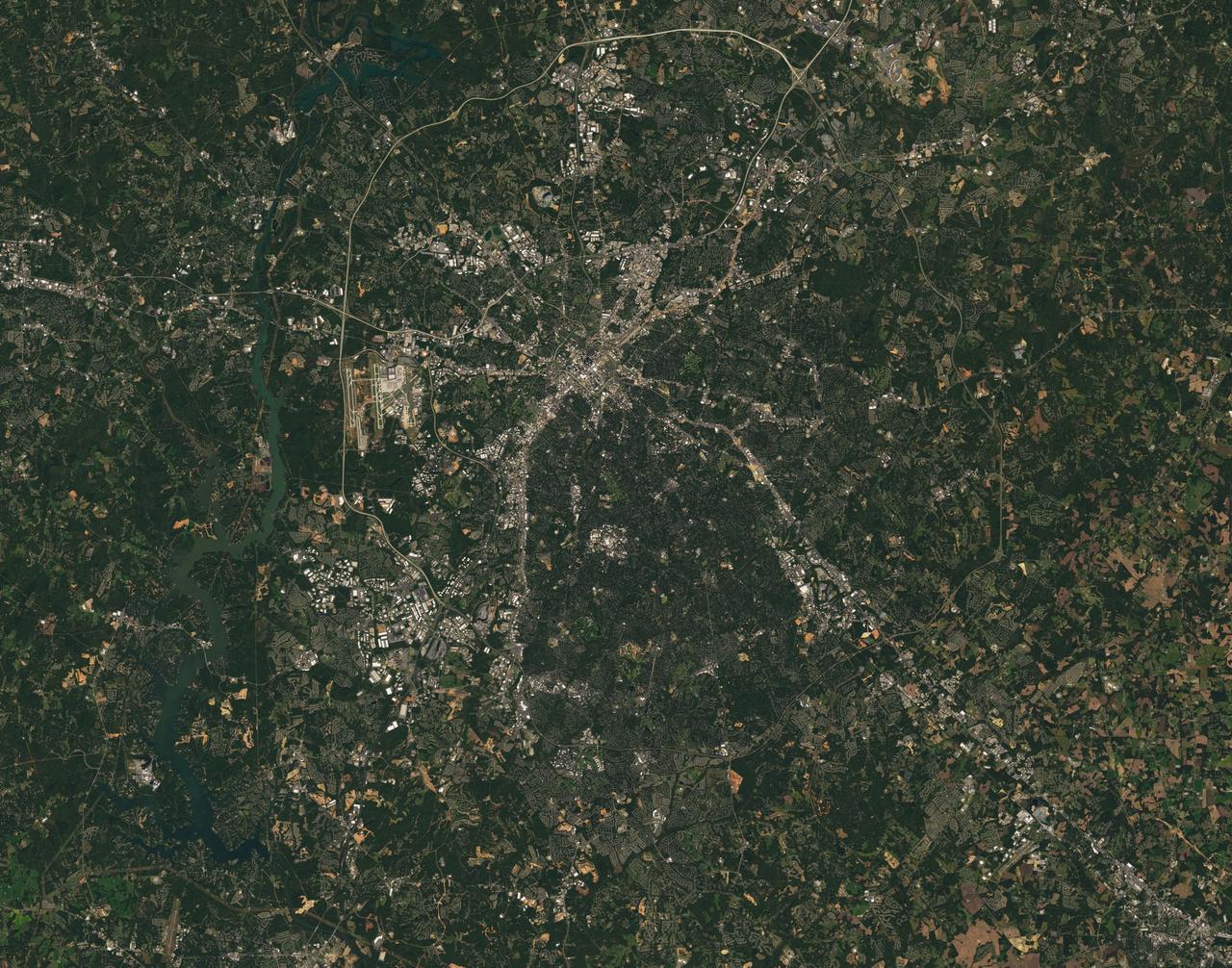 Landsat 7 image of  the Charlotte, NC area acquired Oct 18, 2015.  Landsat 7 is a U.S. satellite used to acquire remotely sensed images of the Earth's land surface and surrounding coastal regions. It is maintained by the Landsat 7 Project Science Office at the NASA Goddard Space Flight Center in Greenbelt, MD...Landsat satellites have been acquiring images of the Earth’s land surface since 1972.  Currently there are more than 2 million Landsat images in the National Satellite Land Remote Sensing Data Archive.    For more information visit: <a href="http://landsat.usgs.gov/" rel="nofollow">landsat.usgs.gov/</a>..To learn more about the Landsat satellite go to:.<a href="http://landsat.gsfc.nasa.gov/" rel="nofollow">landsat.gsfc.nasa.gov/</a>  Credit: NASA/GSFC/Landsat 7  <b><a href="http://www.nasa.gov/audience/formedia/features/MP_Photo_Guidelines.html" rel="nofollow">NASA image use policy.</a></b>  <b><a href="http://www.nasa.gov/centers/goddard/home/index.html" rel="nofollow">NASA Goddard Space Flight Center</a></b> enables NASA’s mission through four scientific endeavors: Earth Science, Heliophysics, Solar System Exploration, and Astrophysics. Goddard plays a leading role in NASA’s accomplishments by contributing compelling scientific knowledge to advance the Agency’s mission.  <b>Follow us on <a href="http://twitter.com/NASAGoddardPix" rel="nofollow">Twitter</a></b>  <b>Like us on <a href="http://www.facebook.com/pages/Greenbelt-MD/NASA-Goddard/395013845897?ref=tsd" rel="nofollow">Facebook</a></b>  <b>Find us on <a href="http://instagrid.me/nasagoddard/?vm=grid" rel="nofollow">Instagram</a></b>