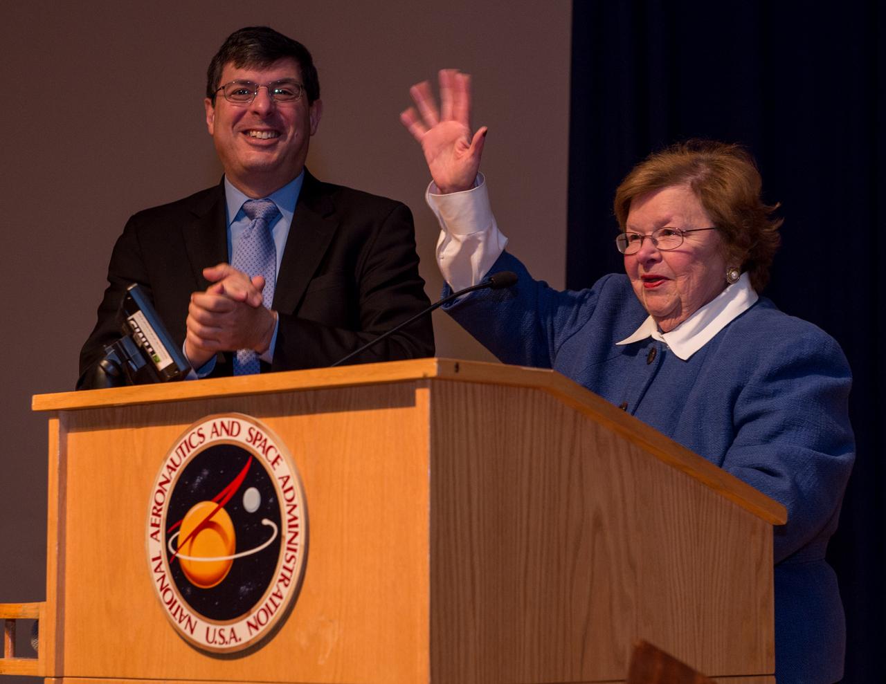 Maryland's Sen. Barbara Mikulski greeted employees at NASA's Goddard Space Flight Center in Greenbelt, Maryland, during a packed town hall meeting Jan. 6. She discussed her history with Goddard and appropriations for NASA in 2016. Read more: <a href="http://www.nasa.gov/feature/goddard/2016/maryland-sen-barbara-mikulski-visits-nasa-goddard" rel="nofollow">www.nasa.gov/feature/goddard/2016/maryland-sen-barbara-mi...</a> Credit: NASA/Goddard/Bill Hrybyk <b><a href="http://www.nasa.gov/audience/formedia/features/MP_Photo_Guidelines.html" rel="nofollow">NASA image use policy.</a></b> <b><a href="http://www.nasa.gov/centers/goddard/home/index.html" rel="nofollow">NASA Goddard Space Flight Center</a></b> enables NASA’s mission through four scientific endeavors: Earth Science, Heliophysics, Solar System Exploration, and Astrophysics. Goddard plays a leading role in NASA’s accomplishments by contributing compelling scientific knowledge to advance the Agency’s mission. <b>Follow us on <a href="http://twitter.com/NASAGoddardPix" rel="nofollow">Twitter</a></b> <b>Like us on <a href="http://www.facebook.com/pages/Greenbelt-MD/NASA-Goddard/395013845897?ref=tsd" rel="nofollow">Facebook</a></b> <b>Find us on <a href="http://instagrid.me/nasagoddard/?vm=grid" rel="nofollow">Instagram</a></b>