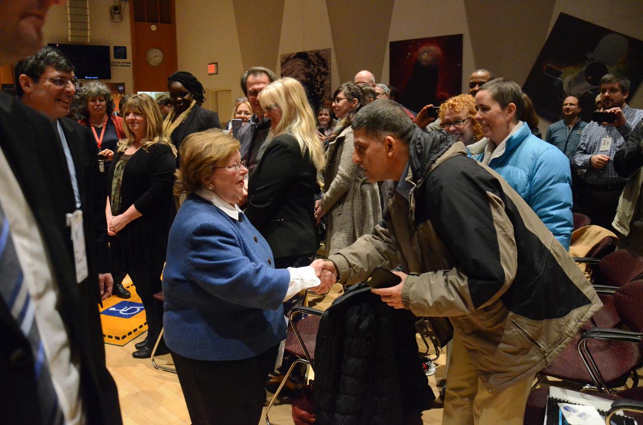Maryland's Sen. Barbara Mikulski greeted employees at NASA's Goddard Space Flight Center in Greenbelt, Maryland, during a packed town hall meeting Jan. 6. She discussed her history with Goddard and appropriations for NASA in 2016.  Read more: <a href="http://www.nasa.gov/feature/goddard/2016/maryland-sen-barbara-mikulski-visits-nasa-goddard" rel="nofollow">www.nasa.gov/feature/goddard/2016/maryland-sen-barbara-mi...</a>  Credit: NASA/Goddard/Rebecca Roth  <b><a href="http://www.nasa.gov/audience/formedia/features/MP_Photo_Guidelines.html" rel="nofollow">NASA image use policy.</a></b>  <b><a href="http://www.nasa.gov/centers/goddard/home/index.html" rel="nofollow">NASA Goddard Space Flight Center</a></b> enables NASA’s mission through four scientific endeavors: Earth Science, Heliophysics, Solar System Exploration, and Astrophysics. Goddard plays a leading role in NASA’s accomplishments by contributing compelling scientific knowledge to advance the Agency’s mission.  <b>Follow us on <a href="http://twitter.com/NASAGoddardPix" rel="nofollow">Twitter</a></b>  <b>Like us on <a href="http://www.facebook.com/pages/Greenbelt-MD/NASA-Goddard/395013845897?ref=tsd" rel="nofollow">Facebook</a></b>  <b>Find us on <a href="http://instagrid.me/nasagoddard/?vm=grid" rel="nofollow">Instagram</a></b>   