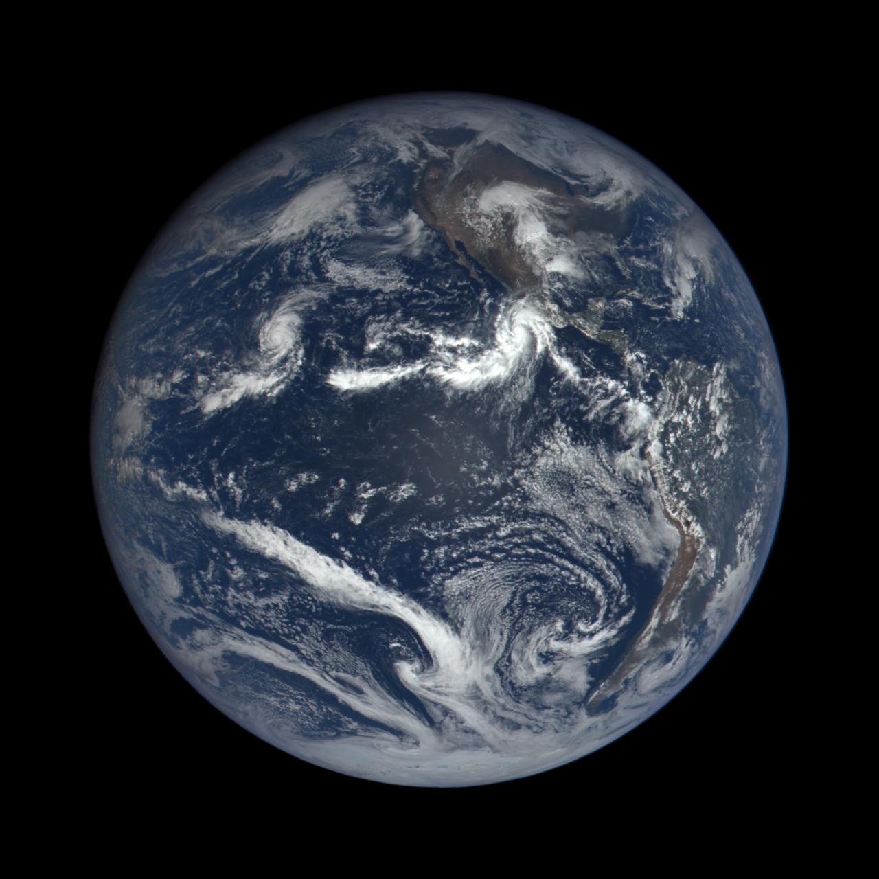 Hurricane Patricia captured by EPIC, the Earth Polychromatic Imaging Camera. The instrument flies on the Deep Space Climate Observatory (DSCOVR), a satellite built through a partnership between NASA, the National Oceanic and Atmospheric Administration (NOAA), and the U.S. Air Force. DSCOVR collects its images and measurements from a vantage point one million miles above the Earth and toward the Sun.  This image was captured nearly 1 million miles from earth at 4:00 pm EDT (19:00:18 GMT), on September 22, 2015.  Credit: NASA image from the DSCOVR EPIC team
