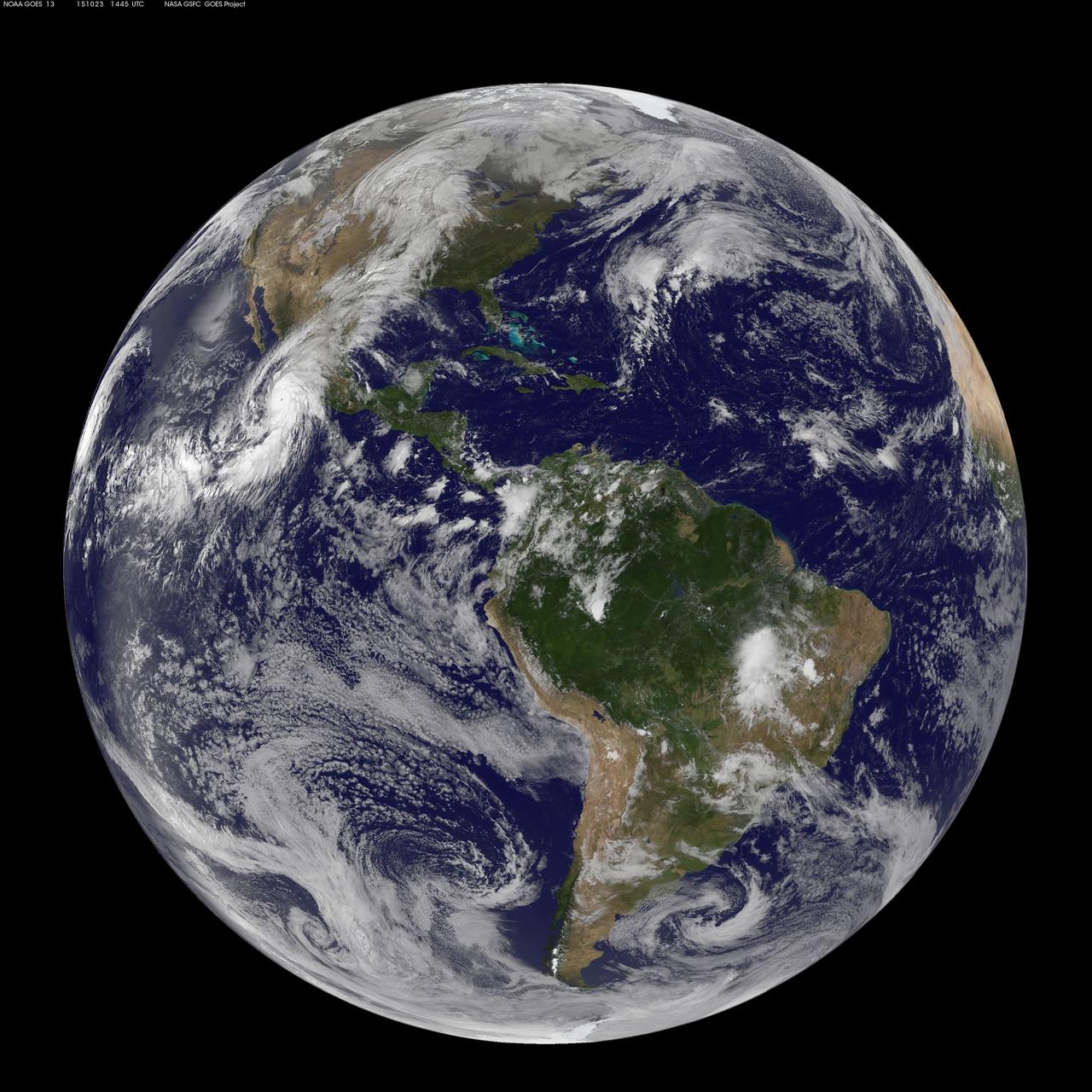 This full-disk image from NOAA’s GOES-13 satellite was captured at 14:45 UTC (10:45 a.m. EDT) and shows Hurricane Patricia off the coast of Mexico on September 23, 2015.   At 8 a.m. EDT on October 23, 2015, the National Hurricane Center said that Hurricane Patricia had grown into a monster hurricane. In fact, it is the strongest eastern north pacific hurricane on record.   At 8 a.m. EDT (1200 UTC) on Oct. 23, the eye of Hurricane Patricia was located near latitude 17.3 North, longitude 105.6 West. That's about 145 miles (235 km) southwest of Manzanillo, Mexico and about 215 miles (345 km) south of Cabo Corrientes, Mexico.    Patricia was moving toward the north-northwest near 12 mph (19 kph) and a turn toward the north is expected later this morning, followed by a turn toward the north-northeast this afternoon.  On the forecast track, the core of Patricia will make landfall in the hurricane warning area today, October 23, 2015 during the afternoon or evening.  Maximum sustained winds remain near 200 mph (325 kph) with higher gusts.  The National Hurricane Center (NHC) said that Patricia is a category 5 hurricane on the Saffir-Simpson Hurricane Wind Scale.  Some fluctuations in intensity are possible today, but Patricia is expected to remain an extremely dangerous category 5 hurricane through landfall. Hurricane force winds extend outward up to 30 miles (45 km) from the center and tropical storm force winds extend outward up to 175 miles (280 km). The estimated minimum central pressure is 880 millibars.  <b><a href="http://www.nasa.gov/audience/formedia/features/MP_Photo_Guidelines.html" rel="nofollow">NASA image use policy.</a></b>  <b><a href="http://www.nasa.gov/centers/goddard/home/index.html" rel="nofollow">NASA Goddard Space Flight Center</a></b> enables NASA’s mission through four scientific endeavors: Earth Science, Heliophysics, Solar System Exploration, and Astrophysics. Goddard plays a leading role in NASA’s accomplishments by contributing compelling scientific knowledge to advance the Agency’s mission.  <b>Follow us on <a href="http://twitter.com/NASAGoddardPix" rel="nofollow">Twitter</a></b>  <b>Like us on <a href="http://www.facebook.com/pages/Greenbelt-MD/NASA-Goddard/395013845897?ref=tsd" rel="nofollow">Facebook</a></b>  <b>Find us on <a href="http://instagrid.me/nasagoddard/?vm=grid" rel="nofollow">Instagram</a></b>  