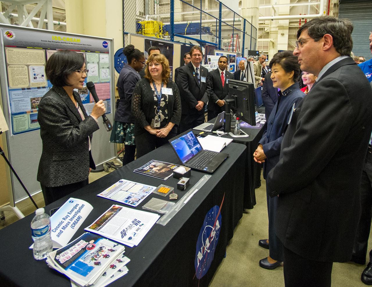 As part of her visit to the United States, President Park Geun-hye of South Korea visited NASA’s Goddard Space Flight Center in Greenbelt, Md. On Oct. 14, 2015. The visit offered an opportunity to celebrate past collaborative efforts between the American and South Korean space programs along with presentations on current projects and programs underway at Goddard.  Credit: NASA/Goddard/Bill Hrybyk  <b><a href="http://www.nasa.gov/audience/formedia/features/MP_Photo_Guidelines.html" rel="nofollow">NASA image use policy.</a></b>  <b><a href="http://www.nasa.gov/centers/goddard/home/index.html" rel="nofollow">NASA Goddard Space Flight Center</a></b> enables NASA’s mission through four scientific endeavors: Earth Science, Heliophysics, Solar System Exploration, and Astrophysics. Goddard plays a leading role in NASA’s accomplishments by contributing compelling scientific knowledge to advance the Agency’s mission.  <b>Follow us on <a href="http://twitter.com/NASAGoddardPix" rel="nofollow">Twitter</a></b>  <b>Like us on <a href="http://www.facebook.com/pages/Greenbelt-MD/NASA-Goddard/395013845897?ref=tsd" rel="nofollow">Facebook</a></b>  <b>Find us on <a href="http://instagrid.me/nasagoddard/?vm=grid" rel="nofollow">Instagram</a></b>   