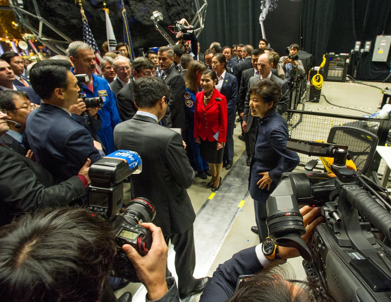 As part of her visit to the United States, President Park Geun-hye of South Korea visited NASA’s Goddard Space Flight Center in Greenbelt, Md. On Oct. 14, 2015. The visit offered an opportunity to celebrate past collaborative efforts between the American and South Korean space programs along with presentations on current projects and programs underway at Goddard.  Credit: NASA/Goddard/Bill Hrybyk  <b><a href="http://www.nasa.gov/audience/formedia/features/MP_Photo_Guidelines.html" rel="nofollow">NASA image use policy.</a></b>  <b><a href="http://www.nasa.gov/centers/goddard/home/index.html" rel="nofollow">NASA Goddard Space Flight Center</a></b> enables NASA’s mission through four scientific endeavors: Earth Science, Heliophysics, Solar System Exploration, and Astrophysics. Goddard plays a leading role in NASA’s accomplishments by contributing compelling scientific knowledge to advance the Agency’s mission.  <b>Follow us on <a href="http://twitter.com/NASAGoddardPix" rel="nofollow">Twitter</a></b>  <b>Like us on <a href="http://www.facebook.com/pages/Greenbelt-MD/NASA-Goddard/395013845897?ref=tsd" rel="nofollow">Facebook</a></b>  <b>Find us on <a href="http://instagrid.me/nasagoddard/?vm=grid" rel="nofollow">Instagram</a></b>    