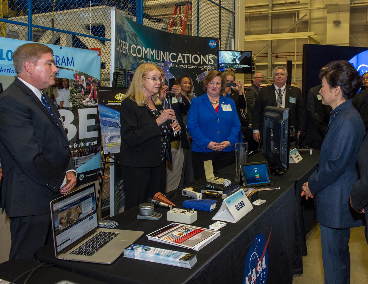 As part of her visit to the United States, President Park Geun-hye of South Korea visited NASA’s Goddard Space Flight Center in Greenbelt, Md. On Oct. 14, 2015. The visit offered an opportunity to celebrate past collaborative efforts between the American and South Korean space programs along with presentations on current projects and programs underway at Goddard.  Credit: NASA/Goddard/Bill Hrybyk  <b><a href="http://www.nasa.gov/audience/formedia/features/MP_Photo_Guidelines.html" rel="nofollow">NASA image use policy.</a></b>  <b><a href="http://www.nasa.gov/centers/goddard/home/index.html" rel="nofollow">NASA Goddard Space Flight Center</a></b> enables NASA’s mission through four scientific endeavors: Earth Science, Heliophysics, Solar System Exploration, and Astrophysics. Goddard plays a leading role in NASA’s accomplishments by contributing compelling scientific knowledge to advance the Agency’s mission.  <b>Follow us on <a href="http://twitter.com/NASAGoddardPix" rel="nofollow">Twitter</a></b>  <b>Like us on <a href="http://www.facebook.com/pages/Greenbelt-MD/NASA-Goddard/395013845897?ref=tsd" rel="nofollow">Facebook</a></b>  <b>Find us on <a href="http://instagrid.me/nasagoddard/?vm=grid" rel="nofollow">Instagram</a></b>   