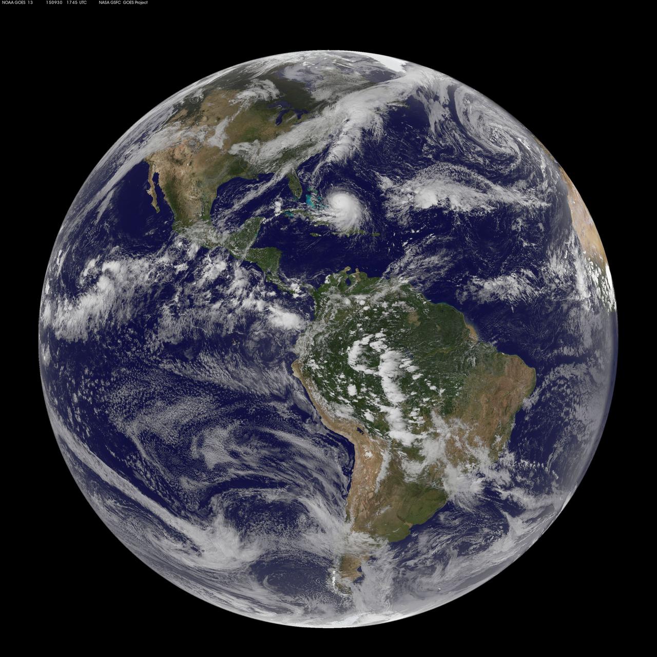 NOAA's GOES-East satellite captured this visible image of Hurricane Joaquin east of the Bahamas on Sept. 30 at 1745 UTC (1:45 p.m. EDT).  Credit: NASA/NOAA GOES Project  At 11 a.m. EDT (1500 UTC) on Wednesday, September 30, 2015 the center of Hurricane Joaquin was located near latitude 24.7 North, longitude 72.6 West. That puts the center of Joaquin about 215 miles (345 km) east-northeast of the Central Bahamas.    Joaquin became a tropical storm Monday evening (EDT), September 29 when it was midway between the Bahamas and Bermuda. By 8 a.m. EDT on September 30, it strengthened into a hurricane and has become the third hurricane of the Atlantic Hurricane season.  On September 30, the National Hurricane Center issued a Hurricane Warning for the central Bahamas including Cat Island, the Exumas, Long Island, Rum Cay, and San Salvador. A Hurricane Watch is in effect for the northwestern Bahamas including the Abacos, Berry Islands, Bimini, Eleuthera, Grand Bahama Island, and New Providence, but excluding Andros Island.   <b><a href="http://www.nasa.gov/audience/formedia/features/MP_Photo_Guidelines.html" rel="nofollow">NASA image use policy.</a></b>  <b><a href="http://www.nasa.gov/centers/goddard/home/index.html" rel="nofollow">NASA Goddard Space Flight Center</a></b> enables NASA’s mission through four scientific endeavors: Earth Science, Heliophysics, Solar System Exploration, and Astrophysics. Goddard plays a leading role in NASA’s accomplishments by contributing compelling scientific knowledge to advance the Agency’s mission.  <b>Follow us on <a href="http://twitter.com/NASAGoddardPix" rel="nofollow">Twitter</a></b>  <b>Like us on <a href="http://www.facebook.com/pages/Greenbelt-MD/NASA-Goddard/395013845897?ref=tsd" rel="nofollow">Facebook</a></b>  <b>Find us on <a href="http://instagrid.me/nasagoddard/?vm=grid" rel="nofollow">Instagram</a></b>