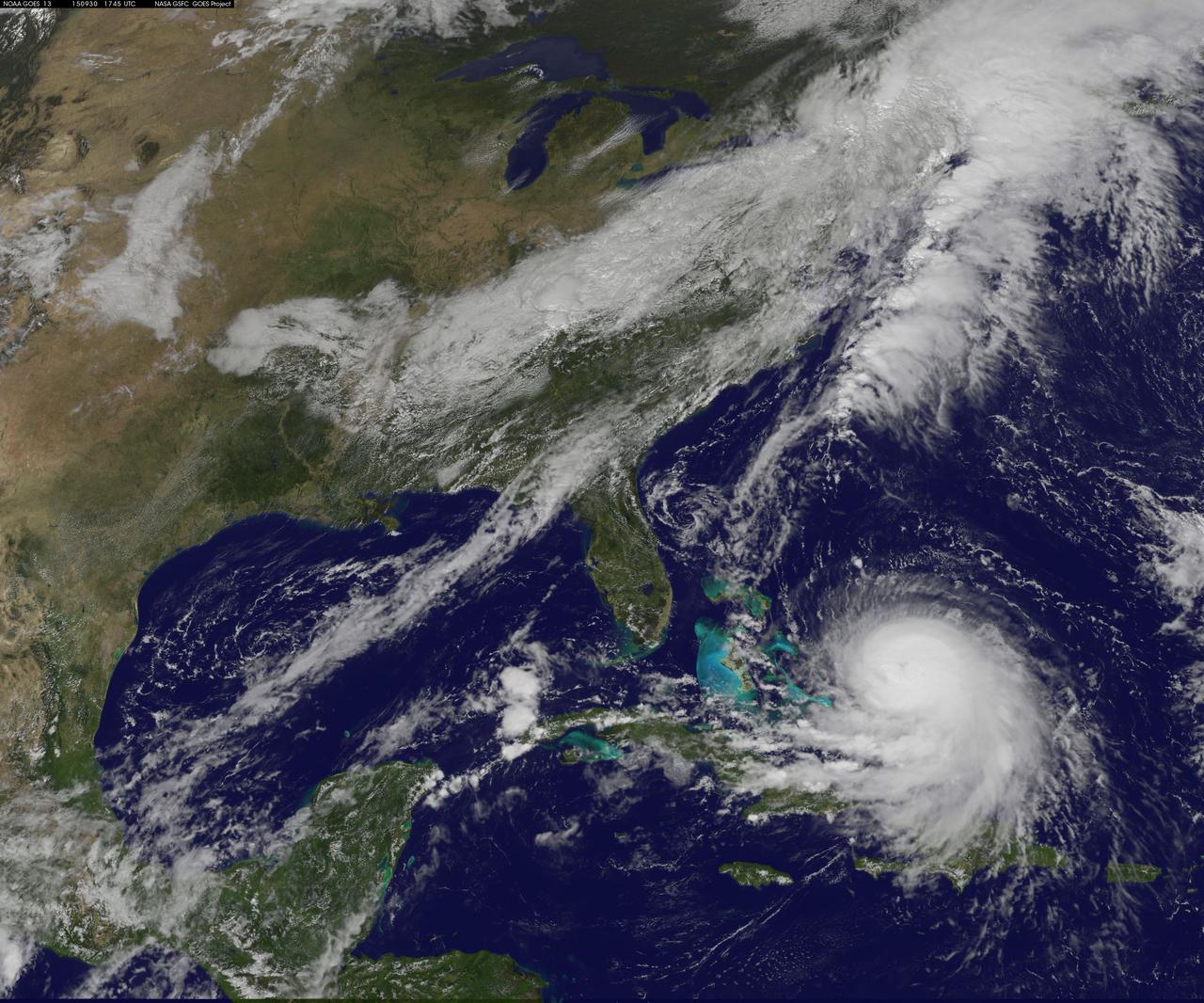 NOAA's GOES-East satellite captured this visible image of Hurricane Joaquin east of the Bahamas on Sept. 30 at 1745 UTC (1:45 p.m. EDT).  Credit: NASA/NOAA GOES Project  At 11 a.m. EDT (1500 UTC) on Wednesday, September 30, 2015 the center of Hurricane Joaquin was located near latitude 24.7 North, longitude 72.6 West. That puts the center of Joaquin about 215 miles (345 km) east-northeast of the Central Bahamas.    Joaquin became a tropical storm Monday evening (EDT), September 29 when it was midway between the Bahamas and Bermuda. By 8 a.m. EDT on September 30, it strengthened into a hurricane and has become the third hurricane of the Atlantic Hurricane season.  On September 30, the National Hurricane Center issued a Hurricane Warning for the central Bahamas including Cat Island, the Exumas, Long Island, Rum Cay, and San Salvador. A Hurricane Watch is in effect for the northwestern Bahamas including the Abacos, Berry Islands, Bimini, Eleuthera, Grand Bahama Island, and New Providence, but excluding Andros Island.   <b><a href="http://www.nasa.gov/audience/formedia/features/MP_Photo_Guidelines.html" rel="nofollow">NASA image use policy.</a></b>  <b><a href="http://www.nasa.gov/centers/goddard/home/index.html" rel="nofollow">NASA Goddard Space Flight Center</a></b> enables NASA’s mission through four scientific endeavors: Earth Science, Heliophysics, Solar System Exploration, and Astrophysics. Goddard plays a leading role in NASA’s accomplishments by contributing compelling scientific knowledge to advance the Agency’s mission.  <b>Follow us on <a href="http://twitter.com/NASAGoddardPix" rel="nofollow">Twitter</a></b>  <b>Like us on <a href="http://www.facebook.com/pages/Greenbelt-MD/NASA-Goddard/395013845897?ref=tsd" rel="nofollow">Facebook</a></b>  <b>Find us on <a href="http://instagrid.me/nasagoddard/?vm=grid" rel="nofollow">Instagram</a></b>