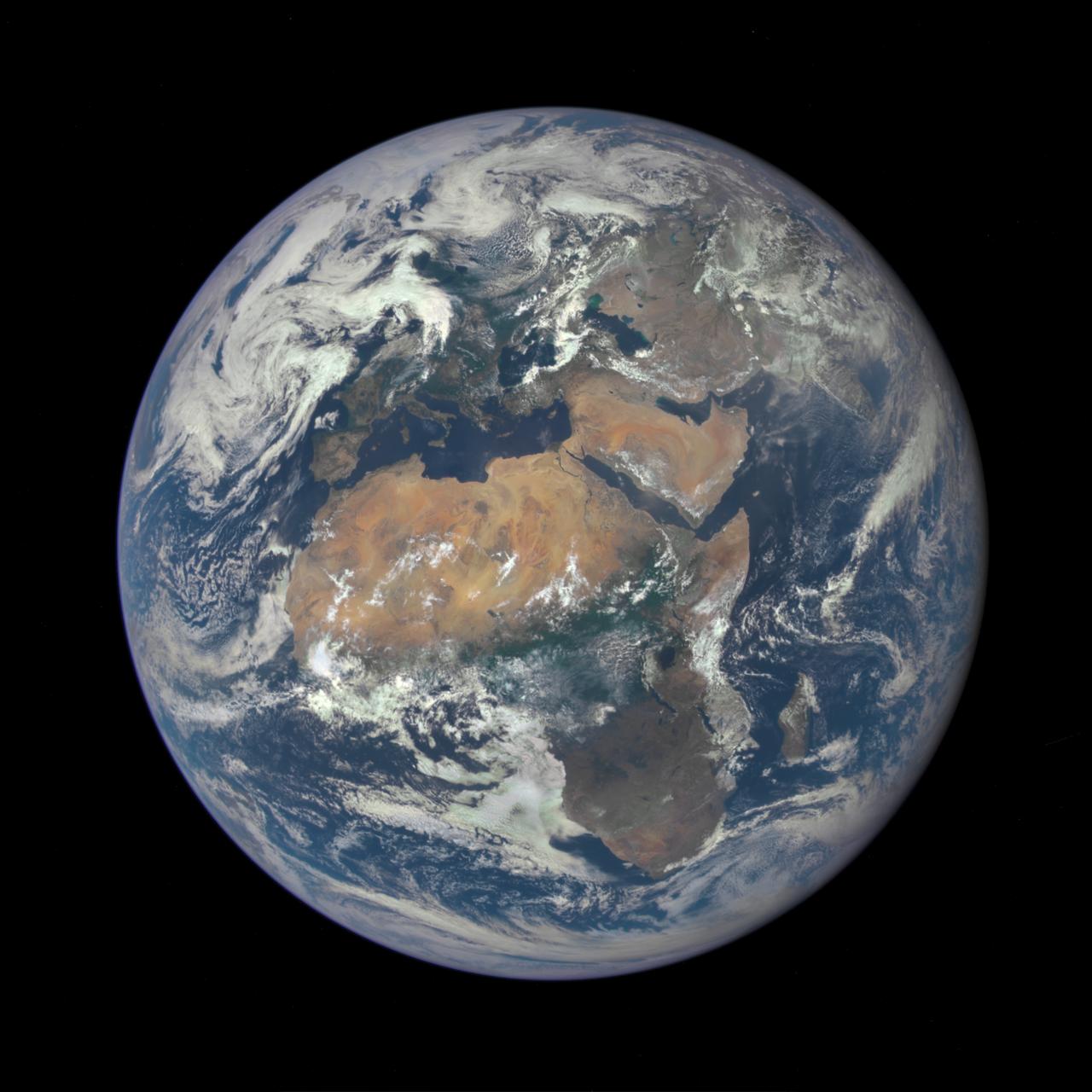 Africa is front and center in this image of Earth taken by a NASA camera on the Deep Space Climate Observatory (DSCOVR) satellite. The image, taken July 6 from a vantage point one million miles from Earth, was one of the first taken by NASA’s Earth Polychromatic Imaging Camera (EPIC).  Central Europe is toward the top of the image with the Sahara Desert to the south, showing the Nile River flowing to the Mediterranean Sea through Egypt. The photographic-quality color image was generated by combining three separate images of the entire Earth taken a few minutes apart. The camera takes a series of 10 images using different narrowband filters -- from ultraviolet to near infrared -- to produce a variety of science products. The red, green and blue channel images are used in these Earth images.  The DSCOVR mission is a partnership between NASA, the National Oceanic and Atmospheric Administration (NOAA) and the U.S. Air Force, with the primary objective to maintain the nation’s real-time solar wind monitoring capabilities, which are critical to the accuracy and lead time of space weather alerts and forecasts from NOAA.  DSCOVR was launched in February to its planned orbit at the first Lagrange point or L1, about one million miles from Earth toward the sun. It’s from that unique vantage point that the EPIC instrument is acquiring images of the entire sunlit face of Earth. Data from EPIC will be used to measure ozone and aerosol levels in Earth’s atmosphere, cloud height, vegetation properties and a variety of other features.  Image Credit: NASA  <b><a href="http://www.nasa.gov/audience/formedia/features/MP_Photo_Guidelines.html" rel="nofollow">NASA image use policy.</a></b>  <b><a href="http://www.nasa.gov/centers/goddard/home/index.html" rel="nofollow">NASA Goddard Space Flight Center</a></b> enables NASA’s mission through four scientific endeavors: Earth Science, Heliophysics, Solar System Exploration, and Astrophysics. Goddard plays a leading role in NASA’s accomplishments by contributing compelling scientific knowledge to advance the Agency’s mission.  <b>Follow us on <a href="http://twitter.com/NASAGoddardPix" rel="nofollow">Twitter</a></b>  <b>Like us on <a href="http://www.facebook.com/pages/Greenbelt-MD/NASA-Goddard/395013845897?ref=tsd" rel="nofollow">Facebook</a></b>  <b>Find us on <a href="http://instagrid.me/nasagoddard/?vm=grid" rel="nofollow">Instagram</a></b>