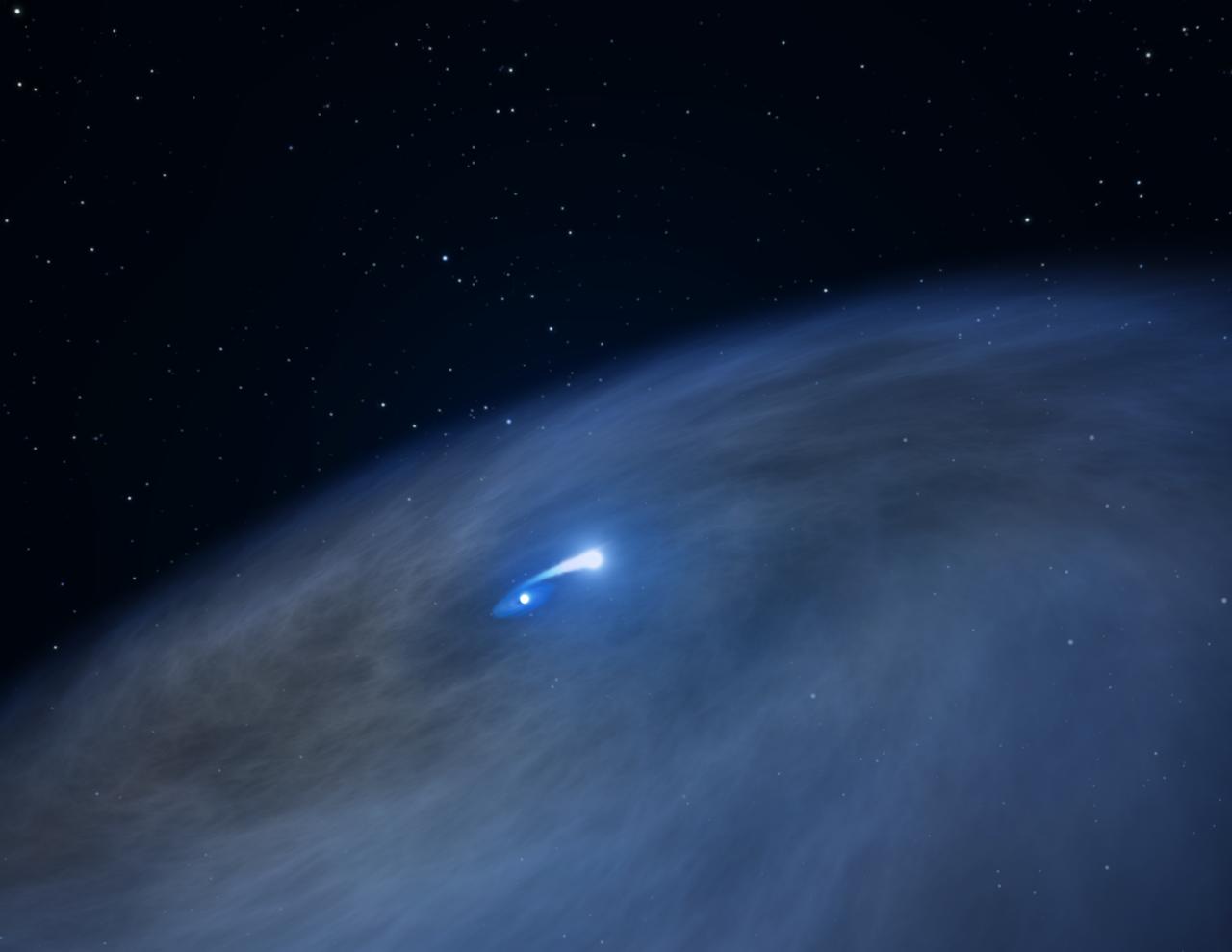 Astronomers using NASA’s Hubble Space Telescope have uncovered surprising new clues about a hefty, rapidly aging star whose behavior has never been seen before in our Milky Way galaxy. In fact, the star is so weird that astronomers have nicknamed it “Nasty 1,” a play on its catalog name of NaSt1. The star may represent a brief transitory stage in the evolution of extremely massive stars. First discovered several decades ago, Nasty 1 was identified as a Wolf-Rayet star, a rapidly evolving star that is much more massive than our sun. The star loses its hydrogen-filled outer layers quickly, exposing its super-hot and extremely bright helium-burning core. But Nasty 1 doesn’t look like a typical Wolf-Rayet star. The astronomers using Hubble had expected to see twin lobes of gas flowing from opposite sides of the star, perhaps similar to those emanating from the massive star Eta Carinae, which is a Wolf-Rayet candidate. Instead, Hubble revealed a pancake-shaped disk of gas encircling the star. The vast disk is nearly 2 trillion miles wide, and may have formed from an unseen companion star that snacked on the outer envelope of the newly formed Wolf-Rayet. Based on current estimates, the nebula surrounding the stars is just a few thousand years old, and as close as 3,000 light-years from Earth. Read more: <a href="http://www.nasa.gov/feature/hubble-observes-one-of-a-kind-star-nicknamed-nasty" rel="nofollow">www.nasa.gov/feature/hubble-observes-one-of-a-kind-star-n...</a> Credits: NASA/Hubble <b><a href="http://www.nasa.gov/audience/formedia/features/MP_Photo_Guidelines.html" rel="nofollow">NASA image use policy.</a></b> <b><a href="http://www.nasa.gov/centers/goddard/home/index.html" rel="nofollow">NASA Goddard Space Flight Center</a></b> enables NASA’s mission through four scientific endeavors: Earth Science, Heliophysics, Solar System Exploration, and Astrophysics. Goddard plays a leading role in NASA’s accomplishments by contributing compelling scientific knowledge to advance the Agency’s mission. <b>Follow us on <a href="http://twitter.com/NASAGoddardPix" rel="nofollow">Twitter</a></b> <b>Like us on <a href="http://www.facebook.com/pages/Greenbelt-MD/NASA-Goddard/395013845897?ref=tsd" rel="nofollow">Facebook</a></b> <b>Find us on <a href="http://instagrid.me/nasagoddard/?vm=grid" rel="nofollow">Instagram</a></b>