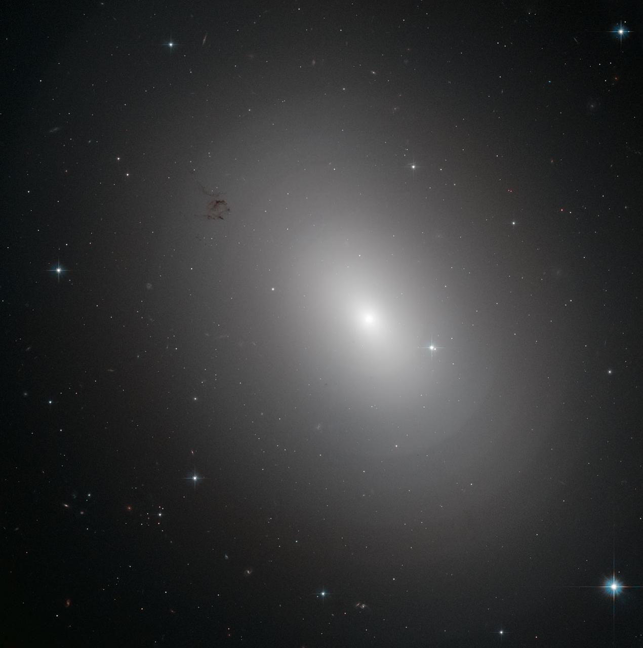 The glowing object in this Hubble Space Telescope image is an elliptical galaxy called NGC 3923. It is located over 90 million light-years away in the constellation of Hydra. NGC 3923 is an example of a shell galaxy where the stars in its halo are arranged in layers. Finding concentric shells of stars enclosing a galaxy is quite common and is observed in many elliptical galaxies. In fact, every tenth elliptical galaxy exhibits this onion-like structure, which has never been observed in spiral galaxies. The shell-like structures are thought to develop as a consequence of galactic cannibalism, when a larger galaxy ingests a smaller companion. As the two centers approach, they initially oscillate about a common center, and this oscillation ripples outwards forming the shells of stars just as ripples on a pond spread when the surface is disturbed. NGC 3923 has over twenty shells, with only a few of the outer ones visible in this image, and its shells are much more subtle than those of other shell galaxies. The shells of this galaxy are also interestingly symmetrical, while other shell galaxies are more skewed. Credit: ESA/Hubble & NASA