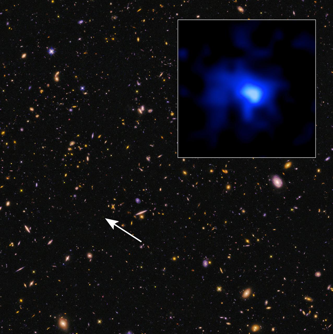 This is a Hubble Space Telescope image of the farthest spectroscopically confirmed galaxy observed to date (inset). It was identified in this Hubble image of a field of galaxies in the CANDELS survey (Cosmic Assembly Near-infrared Deep Extragalactic Legacy Survey). NASA’s Spitzer Space Telescope also observed the unique galaxy. The W. M. Keck Observatory was used to obtain a spectroscopic redshift (z=7.7), extending the previous redshift record. Measurements of the stretching of light, or redshift, give the most reliable distances to other galaxies. This source is thus currently the most distant confirmed galaxy known, and it appears to also be one of the brightest and most massive sources at that time. The galaxy existed over 13 billion years ago. The near-infrared light image of the galaxy (inset) has been colored blue as suggestive of its young, and hence very blue, stars. The CANDELS field is a combination of visible-light and near-infrared exposures.  Read more: <a href="http://www.nasa.gov/feature/goddard/astronomers-set-a-new-galaxy-distance-record" rel="nofollow">www.nasa.gov/feature/goddard/astronomers-set-a-new-galaxy...</a>  Credits: NASA, ESA, P. Oesch (Yale U.)  <b><a href="http://www.nasa.gov/audience/formedia/features/MP_Photo_Guidelines.html" rel="nofollow">NASA image use policy.</a></b>  <b><a href="http://www.nasa.gov/centers/goddard/home/index.html" rel="nofollow">NASA Goddard Space Flight Center</a></b> enables NASA’s mission through four scientific endeavors: Earth Science, Heliophysics, Solar System Exploration, and Astrophysics. Goddard plays a leading role in NASA’s accomplishments by contributing compelling scientific knowledge to advance the Agency’s mission.  <b>Follow us on <a href="http://twitter.com/NASAGoddardPix" rel="nofollow">Twitter</a></b>  <b>Like us on <a href="http://www.facebook.com/pages/Greenbelt-MD/NASA-Goddard/395013845897?ref=tsd" rel="nofollow">Facebook</a></b>  <b>Find us on <a href="http://instagrid.me/nasagoddard/?vm=grid" rel="nofollow">Instagram</a></b>