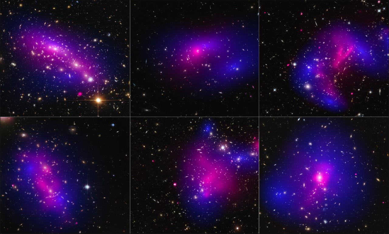 Using observations from NASA’s Hubble Space Telescope and Chandra X-ray Observatory, astronomers have found that dark matter does not slow down when colliding with itself, meaning it interacts with itself less than previously thought. Researchers say this finding narrows down the options for what this mysterious substance might be. Dark matter is an invisible matter that makes up most of the mass of the universe. Because dark matter does not reflect, absorb or emit light, it can only be traced indirectly by, such as by measuring how it warps space through gravitational lensing, during which the light from a distant source is magnified and distorted by the gravity of dark matter. Read more: <a href="http://1.usa.gov/1E5LcpO" rel="nofollow">1.usa.gov/1E5LcpO</a> Caption: Here are images of six different galaxy clusters taken with NASA's Hubble Space Telescope (blue) and Chandra X-ray Observatory (pink) in a study of how dark matter in clusters of galaxies behaves when the clusters collide. A total of 72 large cluster collisions were studied. Credit: NASA and ESA mage Credit: NASA and ESA <b><a href="http://www.nasa.gov/audience/formedia/features/MP_Photo_Guidelines.html" rel="nofollow">NASA image use policy.</a></b> <b><a href="http://www.nasa.gov/centers/goddard/home/index.html" rel="nofollow">NASA Goddard Space Flight Center</a></b> enables NASA’s mission through four scientific endeavors: Earth Science, Heliophysics, Solar System Exploration, and Astrophysics. Goddard plays a leading role in NASA’s accomplishments by contributing compelling scientific knowledge to advance the Agency’s mission. <b>Follow us on <a href="http://twitter.com/NASAGoddardPix" rel="nofollow">Twitter</a></b> <b>Like us on <a href="http://www.facebook.com/pages/Greenbelt-MD/NASA-Goddard/395013845897?ref=tsd" rel="nofollow">Facebook</a></b> <b>Find us on <a href="http://instagrid.me/nasagoddard/?vm=grid" rel="nofollow">Instagram</a></b>