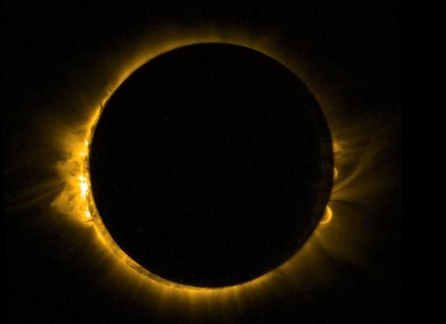 As Europe enjoyed a partial solar eclipse on the morning of Friday 20 March 2015, ESA’s Sun-watching Proba-2 minisatellite had a ringside seat from orbit. Proba-2 used its SWAP imager to capture the Moon passing in front of the Sun in a near-totality. SWAP views the solar disc at extreme ultraviolet wavelengths to capture the turbulent surface of the Sun and its swirling corona.  Credit: ESA/Proba-2