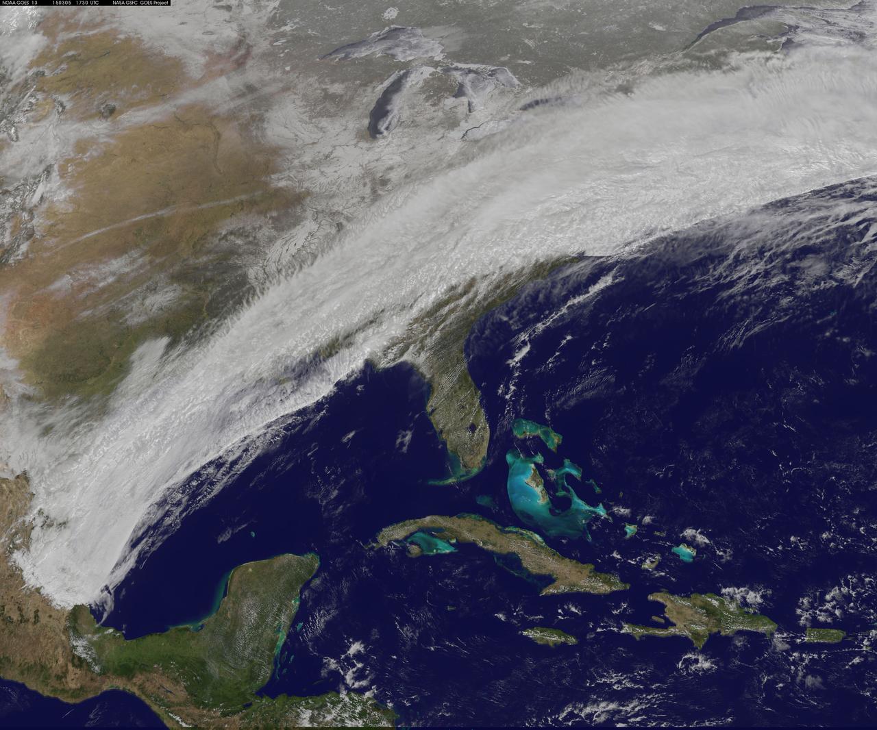 This GOES-East image from March 5 at 17:30 UTC (12:30 p.m. EST) shows clouds associated with a cold front push east and south that brought winter weather to the U.S. East Coast.    Credit: NASA/NOAA GOES Project   <b><a href="http://www.nasa.gov/audience/formedia/features/MP_Photo_Guidelines.html" rel="nofollow">NASA image use policy.</a></b>   <b><a href="http://www.nasa.gov/centers/goddard/home/index.html" rel="nofollow">NASA Goddard Space Flight Center</a></b> enables NASA’s mission through four scientific endeavors: Earth Science, Heliophysics, Solar System Exploration, and Astrophysics. Goddard plays a leading role in NASA’s accomplishments by contributing compelling scientific knowledge to advance the Agency’s mission.   <b>Follow us on <a href="http://twitter.com/NASAGoddardPix" rel="nofollow">Twitter</a></b>   <b>Like us on <a href="http://www.facebook.com/pages/Greenbelt-MD/NASA-Goddard/395013845897?ref=tsd" rel="nofollow">Facebook</a></b>   <b>Find us on <a href="http://instagrid.me/nasagoddard/?vm=grid" rel="nofollow">Instagram</a></b>