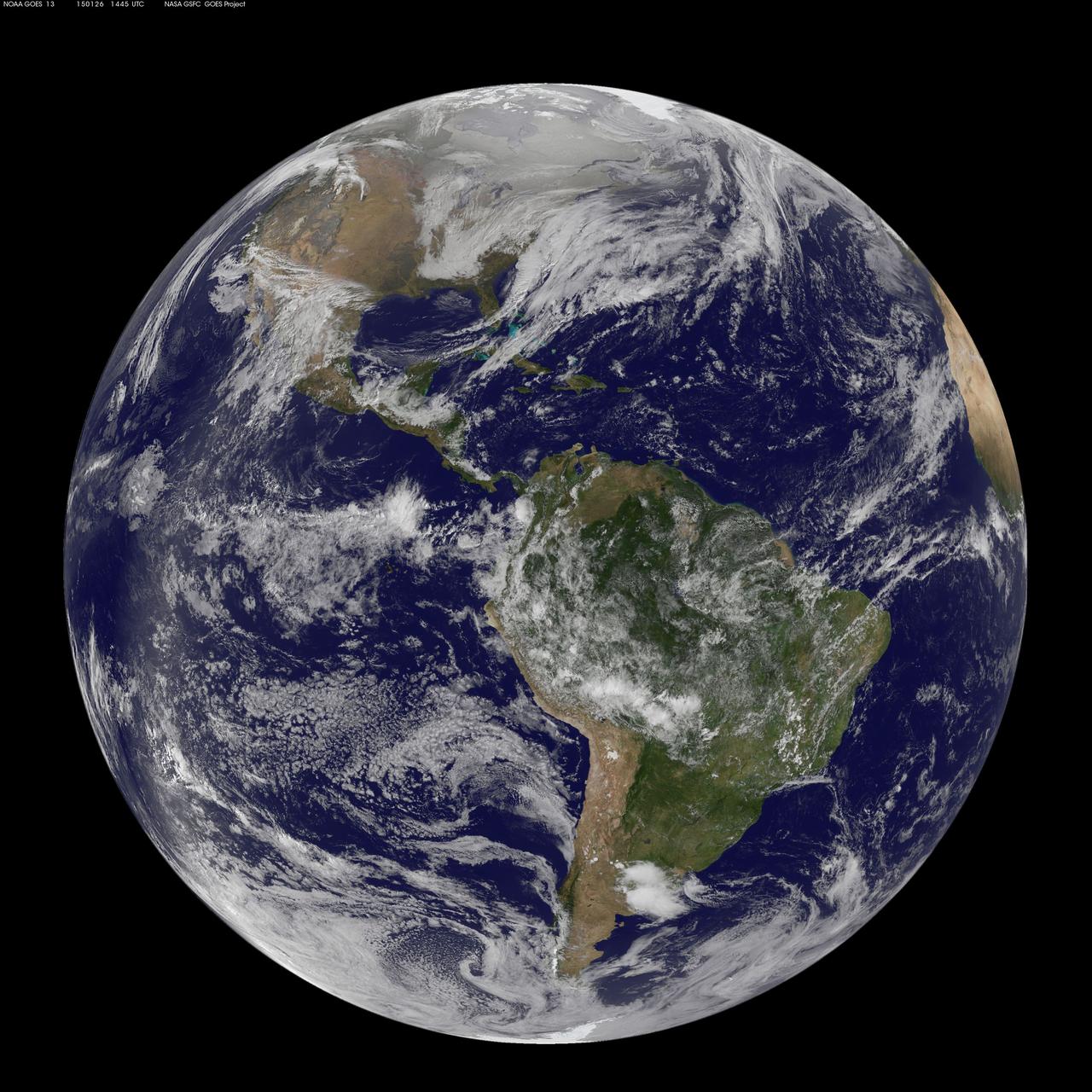 National Weather Service forecasters have been tracking a low pressure area that moved from the Midwest into the Atlantic Ocean today, and is expected to become a strong nor'easter that will bring blizzard conditions to the northeastern U.S. The path of the system was captured in a NASA movie of NOAA's GOES-East satellite imagery. (This GOES 13 image was captured on January 26, 2015 at 1445 UTC.) On Monday, January 26, 2015, the National Weather Service noted: A storm system off the East Coast will continue to strengthen as it develops into a major nor'easter on Monday. As the storm moves up the coast, it is expected to bring snowfall of 1-3 feet or more to many parts of the Northeast through Tuesday evening, including New York City and Boston. Strong, gusty winds will combine with the snow to create blizzard conditions along and near the coast. Winter storm warnings are in effect for the panhandles of West Virginia and Maryland, much of interior New England down to the northern Mid-Atlantic as well as for Nantucket Island, Massachusetts. Winter weather advisories are in effect for portions of the Ohio Valley, Mid-Atlantic and the southern Appalachians as well as a narrow area across interior New England. To create the video and imagery, NASA/NOAA's GOES Project located at NASA's Goddard Space Flight Center in Greenbelt, Maryland overlays the cloud data from NOAA's GOES-East satellite on a true-color image of land and ocean created by data from the Moderate Resolution Imaging Spectroradiometer, or MODIS, instrument that flies aboard NASA's Aqua and Terra satellites. Together, these data create the entire animation of the storm and show its movement. GOES satellites provide the kind of continuous monitoring necessary for intensive data analysis. Geostationary describes an orbit in which a satellite is always in the same position with respect to the rotating Earth. This allows GOES to hover continuously over one position on Earth's surface, appearing stationary. As a result, GOES provide a constant vigil for the atmospheric "triggers" for severe weather conditions such as tornadoes, flash floods, hail storms and hurricanes. For updated information about the storm system, visit NOAA's NWS website: <a href="http://www.weather.gov" rel="nofollow">www.weather.gov</a> For more information about GOES satellites, visit: <a href="http://www.goes.noaa.gov/" rel="nofollow">www.goes.noaa.gov/</a> or goes.gsfc.nasa.gov/ Rob Gutro NASA's Goddard Space Flight Center