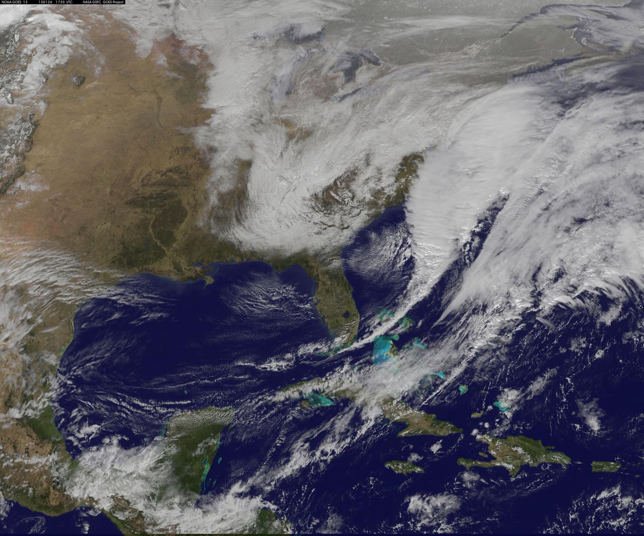 National Weather Service forecasters have been tracking a low pressure area that moved from the Midwest into the Atlantic Ocean today, and is expected to become a strong nor'easter that will bring blizzard conditions to the northeastern U.S. The path of the system was captured in a NASA movie of NOAA's GOES-East satellite imagery. On Monday, January 26, 2015, the National Weather Service noted: A storm system off the East Coast will continue to strengthen as it develops into a major nor'easter on Monday. As the storm moves up the coast, it is expected to bring snowfall of 1-3 feet or more to many parts of the Northeast through Tuesday evening, including New York City and Boston. Strong, gusty winds will combine with the snow to create blizzard conditions along and near the coast. Winter storm warnings are in effect for the panhandles of West Virginia and Maryland, much of interior New England down to the northern Mid-Atlantic as well as for Nantucket Island, Massachusetts. Winter weather advisories are in effect for portions of the Ohio Valley, Mid-Atlantic and the southern Appalachians as well as a narrow area across interior New England. To create the video and imagery, NASA/NOAA's GOES Project located at NASA's Goddard Space Flight Center in Greenbelt, Maryland overlays the cloud data from NOAA's GOES-East satellite on a true-color image of land and ocean created by data from the Moderate Resolution Imaging Spectroradiometer, or MODIS, instrument that flies aboard NASA's Aqua and Terra satellites. Together, these data create the entire animation of the storm and show its movement. GOES satellites provide the kind of continuous monitoring necessary for intensive data analysis. Geostationary describes an orbit in which a satellite is always in the same position with respect to the rotating Earth. This allows GOES to hover continuously over one position on Earth's surface, appearing stationary. As a result, GOES provide a constant vigil for the atmospheric "triggers" for severe weather conditions such as tornadoes, flash floods, hail storms and hurricanes. For updated information about the storm system, visit NOAA's NWS website: <a href="http://www.weather.gov" rel="nofollow">www.weather.gov</a> For more information about GOES satellites, visit: <a href="http://www.goes.noaa.gov/" rel="nofollow">www.goes.noaa.gov/</a> or goes.gsfc.nasa.gov/ Rob Gutro NASA's Goddard Space Flight Center