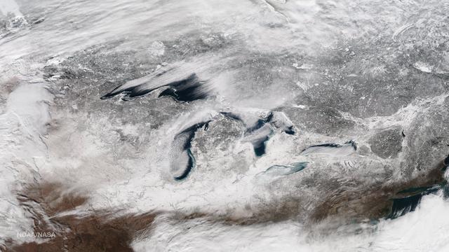 This image taken on January 13, 2015 from the Suomi NPP satellite's VIIRS instrument shows the Great Lakes and surrounding areas. The latest Great Lakes Surface Environmental Analysis (GLSEA) from the NOAA Great Lakes Environmental Research Laboratory shows total ice cover of 29.3% as of January 13th. Credit: NOAA/NASA/NPP Via <b><a href="www.nnvl.noaa.gov/" rel="nofollow"> NOAA Environmental Visualization Laboratory</a></b>