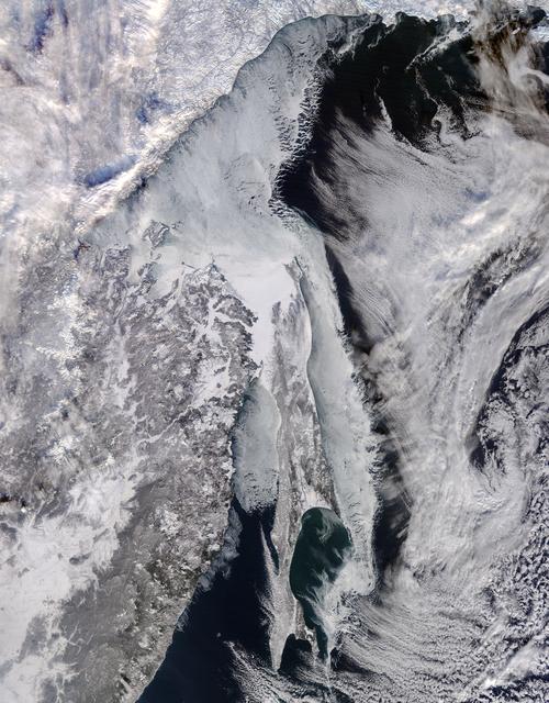 NASA image: Sea ice around Ostrov Sakhalin, eastern Russia