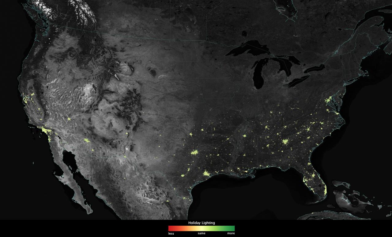City lights shine brighter during the holidays in the United States when compared with the rest of the year, as shown using a new analysis of daily data from the NASA-NOAA Suomi NPP satellite. Dark green pixels are areas where lights are 50 percent brighter, or more, during December. Because snow reflects so much light, the researchers could only analyze snow-free cities. They focused on the U.S. West Coast from San Francisco and Los Angeles, and cities south of a rough imaginary line from St. Louis to Washington, D.C. Credit: Jesse Allen, NASA’s Earth Observatory Read more: <a href="http://www.nasa.gov/content/goddard/satellite-sees-holiday-lights-brighten-cities." rel="nofollow">www.nasa.gov/content/goddard/satellite-sees-holiday-light...</a>.<b><a href="http://www.nasa.gov/audience/formedia/features/MP_Photo_Guidelines.html" rel="nofollow">NASA image use policy.</a></b> <b><a href="http://www.nasa.gov/centers/goddard/home/index.html" rel="nofollow">NASA Goddard Space Flight Center</a></b> enables NASA’s mission through four scientific endeavors: Earth Science, Heliophysics, Solar System Exploration, and Astrophysics. Goddard plays a leading role in NASA’s accomplishments by contributing compelling scientific knowledge to advance the Agency’s mission. <b>Follow us on <a href="http://twitter.com/NASAGoddardPix" rel="nofollow">Twitter</a></b> <b>Like us on <a href="http://www.facebook.com/pages/Greenbelt-MD/NASA-Goddard/395013845897?ref=tsd" rel="nofollow">Facebook</a></b> <b>Find us on <a href="http://instagram.com/nasagoddard?vm=grid" rel="nofollow">Instagram</a></b>