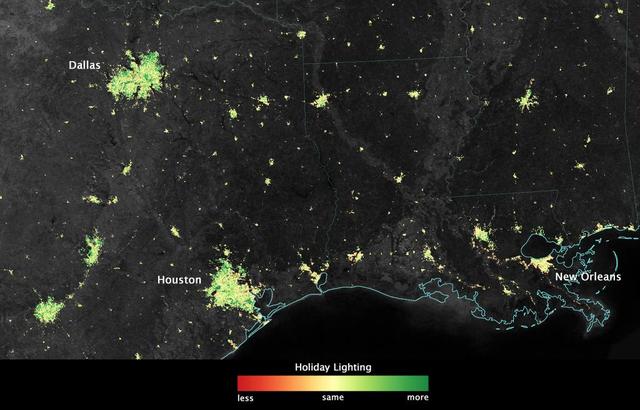 City lights shine brighter during the holidays in the United States when compared with the rest of the year, as shown using a new analysis of daily data from the NASA-NOAA Suomi NPP satellite. Dark green pixels are areas where lights are 50 percent brighter, or more, during December.   Because snow reflects so much light, the researchers could only analyze snow-free cities. They focused on the U.S. West Coast from San Francisco and Los Angeles, and cities south of a rough imaginary line from St. Louis to Washington, D.C.  Credit: Jesse Allen, NASA’s Earth Observatory  Read more: <a href="http://www.nasa.gov/content/goddard/satellite-sees-holiday-lights-brighten-cities." rel="nofollow">www.nasa.gov/content/goddard/satellite-sees-holiday-light...</a>.<b><a href="http://www.nasa.gov/audience/formedia/features/MP_Photo_Guidelines.html" rel="nofollow">NASA image use policy.</a></b>  <b><a href="http://www.nasa.gov/centers/goddard/home/index.html" rel="nofollow">NASA Goddard Space Flight Center</a></b> enables NASA’s mission through four scientific endeavors: Earth Science, Heliophysics, Solar System Exploration, and Astrophysics. Goddard plays a leading role in NASA’s accomplishments by contributing compelling scientific knowledge to advance the Agency’s mission. <b>Follow us on <a href="http://twitter.com/NASAGoddardPix" rel="nofollow">Twitter</a></b> <b>Like us on <a href="http://www.facebook.com/pages/Greenbelt-MD/NASA-Goddard/395013845897?ref=tsd" rel="nofollow">Facebook</a></b> <b>Find us on <a href="http://instagram.com/nasagoddard?vm=grid" rel="nofollow">Instagram</a></b>