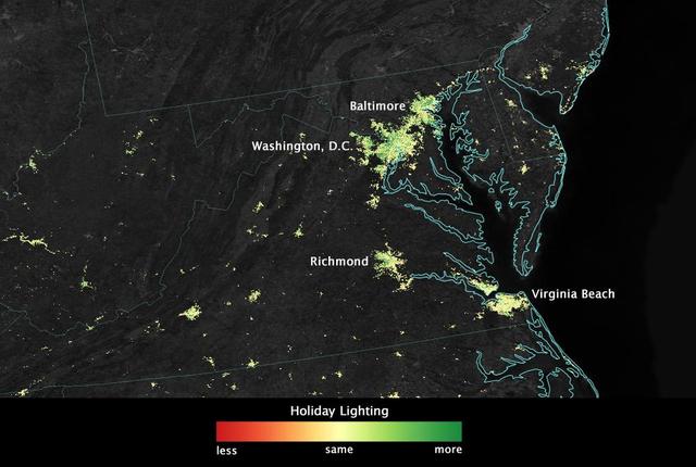 City lights shine brighter during the holidays in the United States when compared with the rest of the year, as shown using a new analysis of daily data from the NASA-NOAA Suomi NPP satellite. Dark green pixels are areas where lights are 50 percent brighter, or more, during December.   Because snow reflects so much light, the researchers could only analyze snow-free cities. They focused on the U.S. West Coast from San Francisco and Los Angeles, and cities south of a rough imaginary line from St. Louis to Washington, D.C.  Credit: Jesse Allen, NASA’s Earth Observatory  Read more: <a href="http://www.nasa.gov/content/goddard/satellite-sees-holiday-lights-brighten-cities." rel="nofollow">www.nasa.gov/content/goddard/satellite-sees-holiday-light...</a>.<b><a href="http://www.nasa.gov/audience/formedia/features/MP_Photo_Guidelines.html" rel="nofollow">NASA image use policy.</a></b>  <b><a href="http://www.nasa.gov/centers/goddard/home/index.html" rel="nofollow">NASA Goddard Space Flight Center</a></b> enables NASA’s mission through four scientific endeavors: Earth Science, Heliophysics, Solar System Exploration, and Astrophysics. Goddard plays a leading role in NASA’s accomplishments by contributing compelling scientific knowledge to advance the Agency’s mission. <b>Follow us on <a href="http://twitter.com/NASAGoddardPix" rel="nofollow">Twitter</a></b> <b>Like us on <a href="http://www.facebook.com/pages/Greenbelt-MD/NASA-Goddard/395013845897?ref=tsd" rel="nofollow">Facebook</a></b> <b>Find us on <a href="http://instagram.com/nasagoddard?vm=grid" rel="nofollow">Instagram</a></b>