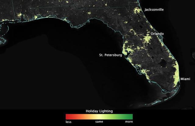 City lights shine brighter during the holidays in the United States when compared with the rest of the year, as shown using a new analysis of daily data from the NASA-NOAA Suomi NPP satellite. Dark green pixels are areas where lights are 50 percent brighter, or more, during December.   Because snow reflects so much light, the researchers could only analyze snow-free cities. They focused on the U.S. West Coast from San Francisco and Los Angeles, and cities south of a rough imaginary line from St. Louis to Washington, D.C.  Credit: Jesse Allen, NASA’s Earth Observatory  Read more: <a href="http://www.nasa.gov/content/goddard/satellite-sees-holiday-lights-brighten-cities." rel="nofollow">www.nasa.gov/content/goddard/satellite-sees-holiday-light...</a>.<b><a href="http://www.nasa.gov/audience/formedia/features/MP_Photo_Guidelines.html" rel="nofollow">NASA image use policy.</a></b>  <b><a href="http://www.nasa.gov/centers/goddard/home/index.html" rel="nofollow">NASA Goddard Space Flight Center</a></b> enables NASA’s mission through four scientific endeavors: Earth Science, Heliophysics, Solar System Exploration, and Astrophysics. Goddard plays a leading role in NASA’s accomplishments by contributing compelling scientific knowledge to advance the Agency’s mission. <b>Follow us on <a href="http://twitter.com/NASAGoddardPix" rel="nofollow">Twitter</a></b> <b>Like us on <a href="http://www.facebook.com/pages/Greenbelt-MD/NASA-Goddard/395013845897?ref=tsd" rel="nofollow">Facebook</a></b> <b>Find us on <a href="http://instagram.com/nasagoddard?vm=grid" rel="nofollow">Instagram</a></b>