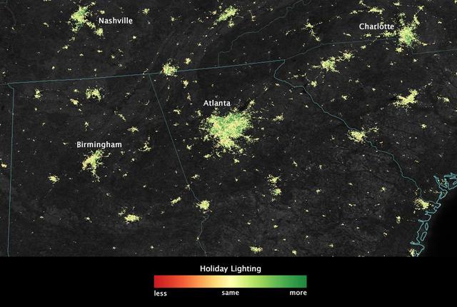 City lights shine brighter during the holidays in the United States when compared with the rest of the year, as shown using a new analysis of daily data from the NASA-NOAA Suomi NPP satellite. Dark green pixels are areas where lights are 50 percent brighter, or more, during December.   Because snow reflects so much light, the researchers could only analyze snow-free cities. They focused on the U.S. West Coast from San Francisco and Los Angeles, and cities south of a rough imaginary line from St. Louis to Washington, D.C.  Credit: Jesse Allen, NASA’s Earth Observatory  Read more: <a href="http://www.nasa.gov/content/goddard/satellite-sees-holiday-lights-brighten-cities." rel="nofollow">www.nasa.gov/content/goddard/satellite-sees-holiday-light...</a>.<b><a href="http://www.nasa.gov/audience/formedia/features/MP_Photo_Guidelines.html" rel="nofollow">NASA image use policy.</a></b>  <b><a href="http://www.nasa.gov/centers/goddard/home/index.html" rel="nofollow">NASA Goddard Space Flight Center</a></b> enables NASA’s mission through four scientific endeavors: Earth Science, Heliophysics, Solar System Exploration, and Astrophysics. Goddard plays a leading role in NASA’s accomplishments by contributing compelling scientific knowledge to advance the Agency’s mission. <b>Follow us on <a href="http://twitter.com/NASAGoddardPix" rel="nofollow">Twitter</a></b> <b>Like us on <a href="http://www.facebook.com/pages/Greenbelt-MD/NASA-Goddard/395013845897?ref=tsd" rel="nofollow">Facebook</a></b> <b>Find us on <a href="http://instagram.com/nasagoddard?vm=grid" rel="nofollow">Instagram</a></b>