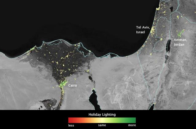 In several cities in the Middle East, city lights brighten during the Muslim holy month of Ramadan, as seen using a new analysis of daily data from the NASA-NOAA Suomi NPP satellite. Dark green pixels are areas where the lights are 50 percent brighter, or more, during Ramadan.   Credit: Jesse Allen, NASA’s Earth Observatory  Read more: <a href="http://www.nasa.gov/content/goddard/satellite-sees-holiday-lights-brighten-cities" rel="nofollow">www.nasa.gov/content/goddard/satellite-sees-holiday-light...</a>  <b><a href="http://www.nasa.gov/audience/formedia/features/MP_Photo_Guidelines.html" rel="nofollow">NASA image use policy.</a></b>  <b><a href="http://www.nasa.gov/centers/goddard/home/index.html" rel="nofollow">NASA Goddard Space Flight Center</a></b> enables NASA’s mission through four scientific endeavors: Earth Science, Heliophysics, Solar System Exploration, and Astrophysics. Goddard plays a leading role in NASA’s accomplishments by contributing compelling scientific knowledge to advance the Agency’s mission. <b>Follow us on <a href="http://twitter.com/NASAGoddardPix" rel="nofollow">Twitter</a></b> <b>Like us on <a href="http://www.facebook.com/pages/Greenbelt-MD/NASA-Goddard/395013845897?ref=tsd" rel="nofollow">Facebook</a></b> <b>Find us on <a href="http://instagram.com/nasagoddard?vm=grid" rel="nofollow">Instagram</a></b> 