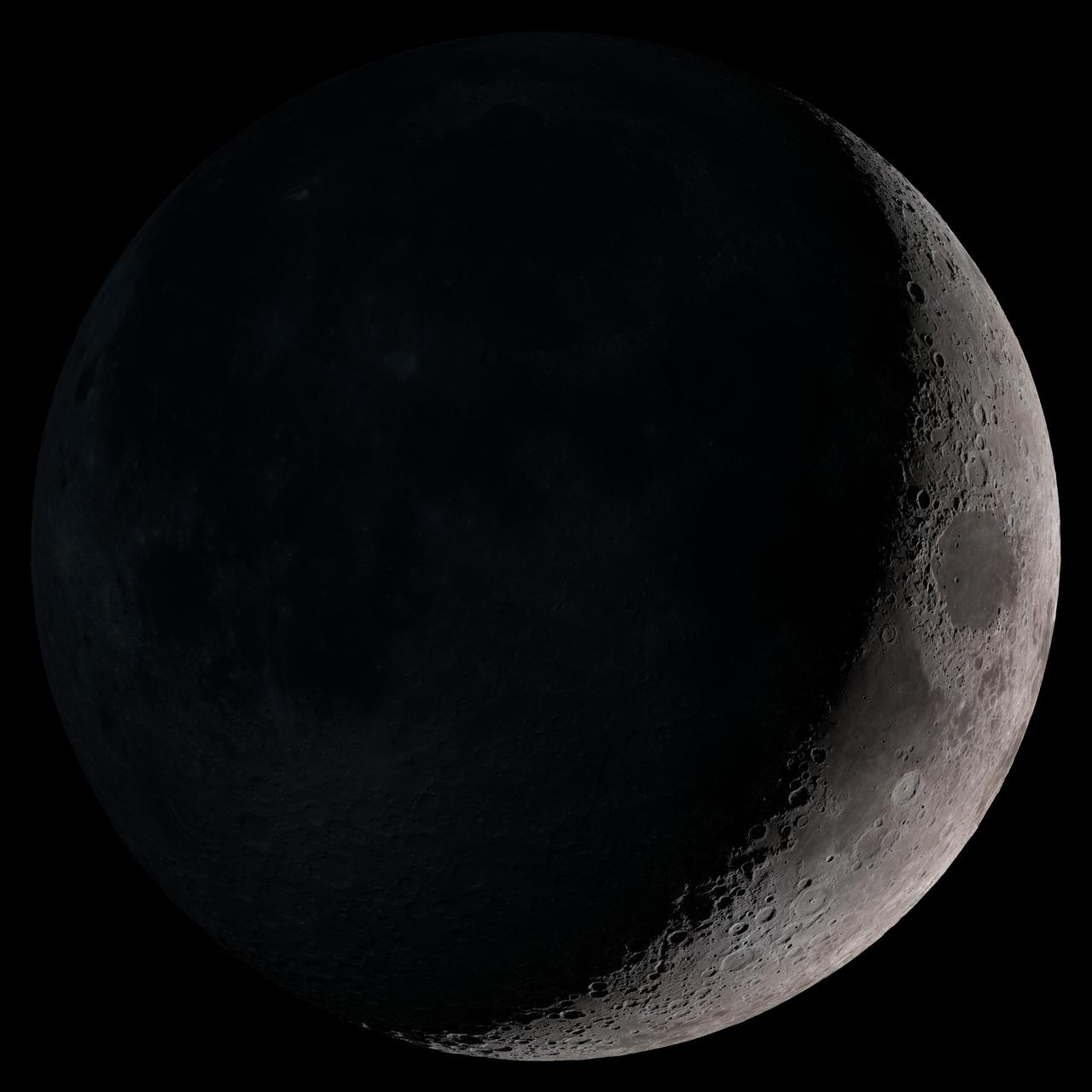 Waxing crescent. Visible toward the southwest in early evening. NASA's Lunar Reconnaissance Orbiter (LRO) has been in orbit around the Moon since the summer of 2009. Its laser altimeter (LOLA) and camera (LROC) are recording the rugged, airless lunar terrain in exceptional detail, making it possible to visualize the Moon with unprecedented fidelity. This is especially evident in the long shadows cast near the terminator, or day-night line. The pummeled, craggy landscape thrown into high relief at the terminator would be impossible to recreate in the computer without global terrain maps like those from LRO. To download, learn more about this visualization, or to see what the Moon will look like at any hour in 2015, visit <a href="http://svs.gsfc.nasa.gov/goto?4236" rel="nofollow">svs.gsfc.nasa.gov/goto?4236</a> <b><a href="http://www.nasa.gov/audience/formedia/features/MP_Photo_Guidelines.html" rel="nofollow">NASA image use policy.</a></b> <b><a href="http://www.nasa.gov/centers/goddard/home/index.html" rel="nofollow">NASA Goddard Space Flight Center</a></b> enables NASA’s mission through four scientific endeavors: Earth Science, Heliophysics, Solar System Exploration, and Astrophysics. Goddard plays a leading role in NASA’s accomplishments by contributing compelling scientific knowledge to advance the Agency’s mission. <b>Follow us on <a href="http://twitter.com/NASAGoddardPix" rel="nofollow">Twitter</a></b> <b>Like us on <a href="http://www.facebook.com/pages/Greenbelt-MD/NASA-Goddard/395013845897?ref=tsd" rel="nofollow">Facebook</a></b> <b>Find us on <a href="http://instagram.com/nasagoddard?vm=grid" rel="nofollow">Instagram</a></b>