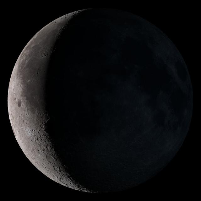 Waning crescent. Low to the east before sunrise. NASA's Lunar Reconnaissance Orbiter (LRO) has been in orbit around the Moon since the summer of 2009. Its laser altimeter (LOLA) and camera (LROC) are recording the rugged, airless lunar terrain in exceptional detail, making it possible to visualize the Moon with unprecedented fidelity. This is especially evident in the long shadows cast near the terminator, or day-night line. The pummeled, craggy landscape thrown into high relief at the terminator would be impossible to recreate in the computer without global terrain maps like those from LRO. To download, learn more about this visualization, or to see what the Moon will look like at any hour in 2015, visit <a href="http://svs.gsfc.nasa.gov/goto?4236" rel="nofollow">svs.gsfc.nasa.gov/goto?4236</a> <b><a href="http://www.nasa.gov/audience/formedia/features/MP_Photo_Guidelines.html" rel="nofollow">NASA image use policy.</a></b> <b><a href="http://www.nasa.gov/centers/goddard/home/index.html" rel="nofollow">NASA Goddard Space Flight Center</a></b> enables NASA’s mission through four scientific endeavors: Earth Science, Heliophysics, Solar System Exploration, and Astrophysics. Goddard plays a leading role in NASA’s accomplishments by contributing compelling scientific knowledge to advance the Agency’s mission. <b>Follow us on <a href="http://twitter.com/NASAGoddardPix" rel="nofollow">Twitter</a></b> <b>Like us on <a href="http://www.facebook.com/pages/Greenbelt-MD/NASA-Goddard/395013845897?ref=tsd" rel="nofollow">Facebook</a></b> <b>Find us on <a href="http://instagram.com/nasagoddard?vm=grid" rel="nofollow">Instagram</a></b>