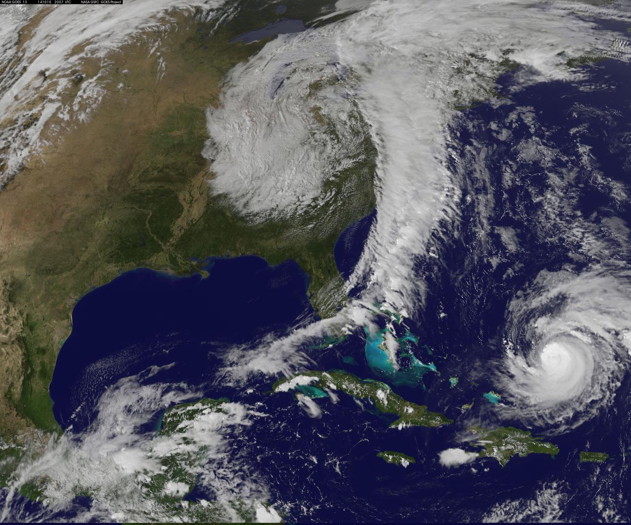 Hurricane Gonzalo has made the jump to major hurricane status and on Oct. 15 was a Category 4 storm on the Saffir-Simpson Hurricane Scale. NOAA's GOES-East satellite provided imagery of the storm. According to the National Hurricane Center, Gonzalo is the first category 4 hurricane in the Atlantic basin since Ophelia in 2011.  NOAA's GOES-East satellite provides visible and infrared images of weather from its orbit in a fixed position over the Earth. On Oct. 15 at 15:15 UTC (11:15 a.m. EDT) GOES saw Gonzalo had tightly wrapped bands of thunderstorms spiraling into the center of its circulation. The eye of the storm was obscured by high clouds in the image. NOAA aircraft data and microwave images clearly show concentric eyewalls, with the inner radius of maximum winds now only about 4-5 nautical miles from the center.  NOAA manages the GOES satellites, while NASA/NOAA's GOES Project at NASA's Goddard Space Flight Center in Greenbelt, Maryland created the image. The NASA/NOAA GOES Project creates images and animations from GOES data.  At 11 a.m. EDT on Oct. 15, Gonzalo's maximum sustained winds increased to near 130 mph (215 kph) and the National Hurricane Center (NHC)  noted that fluctuations in intensity are expected over the next couple of days. Gonzalo's cloud-covered eye was located near latitude 23.5 north and longitude 68.0 west, about 640 miles (1,025 km) south-southwest of Bermuda. Gonzalo is moving toward the northwest near 12 mph (19 kph). The minimum central pressure recently reported by an air force reconnaissance aircraft was 949 millibars.  Tropical storm conditions are possible in Bermuda by late Thursday night, Oct. 16, and hurricane conditions are possible over Bermuda on Friday Oct. 16.  Ocean swells however, will be felt over a much larger area, reached the U.S. east coast on Oct. 16. Large swells generated by Gonzalo are affecting portions of the Virgin Islands, the northern coasts of Puerto Rico and the Dominican Republic and portions of the Bahamas. Swells will reach much of the east coast of the United States and Bermuda on Thursday.  By late Oct. 16, Gonzalo is expected to turn to the northeast and the center is expected to approach Bermuda sometime on Oct. 17.   Credit: NASA/GSFC/Jeff Schmaltz/MODIS Land Rapid Response Team   <b><a href="http://www.nasa.gov/audience/formedia/features/MP_Photo_Guidelines.html" rel="nofollow">NASA image use policy.</a></b>  <b><a href="http://www.nasa.gov/centers/goddard/home/index.html" rel="nofollow">NASA Goddard Space Flight Center</a></b> enables NASA’s mission through four scientific endeavors: Earth Science, Heliophysics, Solar System Exploration, and Astrophysics. Goddard plays a leading role in NASA’s accomplishments by contributing compelling scientific knowledge to advance the Agency’s mission. <b>Follow us on <a href="http://twitter.com/NASAGoddardPix" rel="nofollow">Twitter</a></b> <b>Like us on <a href="http://www.facebook.com/pages/Greenbelt-MD/NASA-Goddard/395013845897?ref=tsd" rel="nofollow">Facebook</a></b> <b>Find us on <a href="http://instagram.com/nasagoddard?vm=grid" rel="nofollow">Instagram</a></b> 