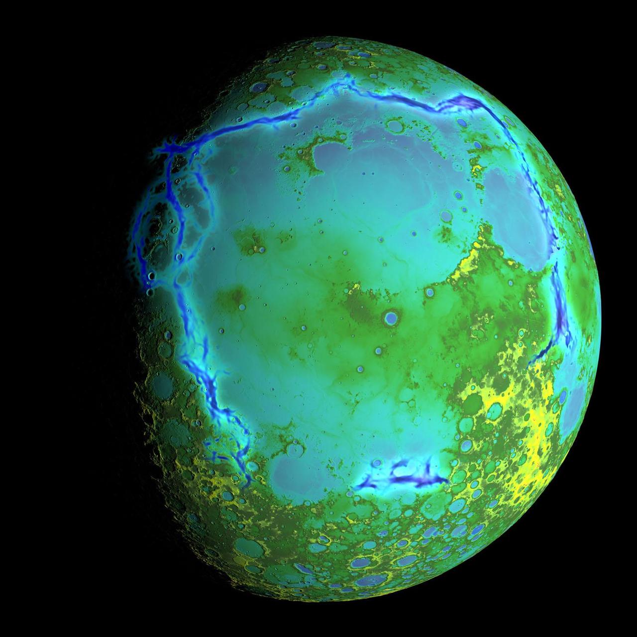 Topography of Earth's moon generated from data collected by the Lunar Orbiter Laser Altimeter, aboard NASA's Lunar Reconnaissance Orbiter, with the gravity anomalies bordering the Procellarum region superimposed in blue. The border structures are shown using gravity gradients calculated with data from NASA's Gravity Recovery and Interior Laboratory (GRAIL) mission. These gravity anomalies are interpreted as ancient lava-flooded rift zones buried beneath the volcanic plains (or maria) on the nearside of the Moon.  Launched as GRAIL A and GRAIL B in September 2011, the probes, renamed Ebb and Flow, operated in a nearly circular orbit near the poles of the moon at an altitude of about 34 miles (55 kilometers) until their mission ended in December 2012. The distance between the twin probes changed slightly as they flew over areas of greater and lesser gravity caused by visible features, such as mountains and craters, and by masses hidden beneath the lunar surface.  The twin spacecraft flew in a nearly circular orbit until the end of the mission on Dec. 17, 2012, when the probes intentionally were sent into the moon's surface. NASA later named the impact site in honor of late astronaut Sally K. Ride, who was America's first woman in space and a member of the GRAIL mission team.  GRAIL's prime and extended science missions generated the highest-resolution gravity field map of any celestial body. The map will provide a better understanding of how Earth and other rocky planets in the solar system formed and evolved.  The GRAIL mission was managed by NASA's Jet Propulsion Laboratory (JPL) in Pasadena, California, for NASA's Science Mission Directorate in Washington. The mission was part of the Discovery Program managed at NASA's Marshall Space Flight Center in Huntsville, Alabama. GRAIL was built by Lockheed Martin Space Systems in Denver.  For more information about GRAIL, please visit <a href="http://grail.nasa.gov" rel="nofollow">grail.nasa.gov</a>.  Credit: NASA/Colorado School of Mines/MIT/GSFC/Scientific Visualization Studio