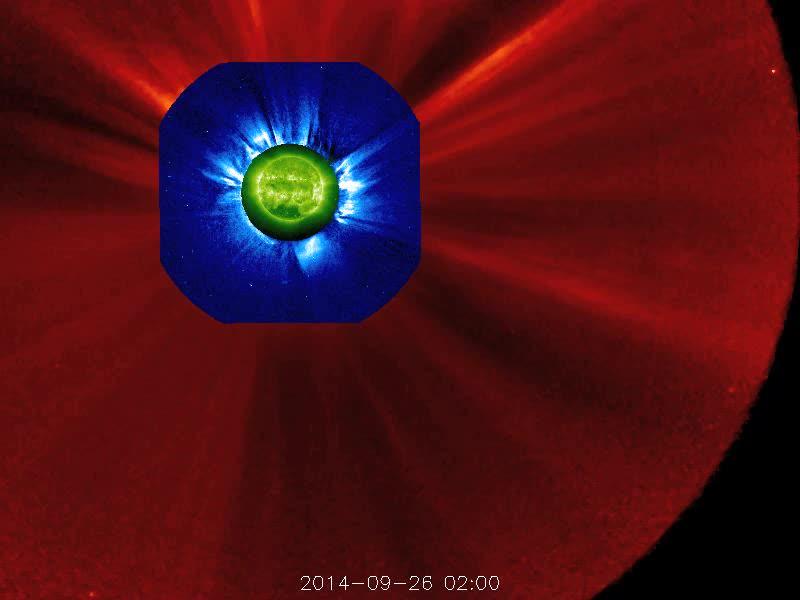 The STEREO (Behind) spacecraft captured this large prominence and corona mass ejection as they erupted into space (Sept. 26, 2014). By combining images from three instruments, scientists can see the eruption itself (in extreme UV light) as well as follow its progression over the period of about 13 hours with its two coronagraphs.  Credit: NASA/Goddard/STEREO  The STEREO (Behind) spacecraft captured this large prominence and corona mass ejection as they erupted into space (Sept. 26, 2014). By combining images from three instruments, scientists can see the eruption itself (in extreme UV light) as well as follow its progression over the period of about 13 hours with its two coronagraphs.