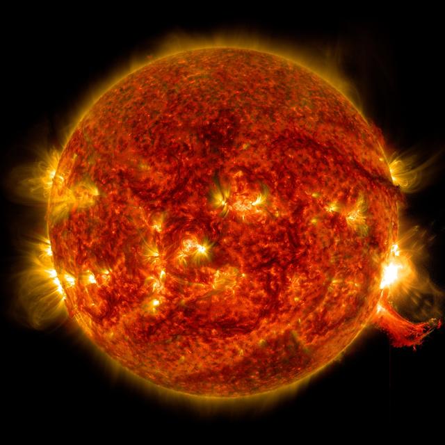 SDO View of M7.3 Class Solar Flare on Oct. 2, 2014 NASA's Solar Dynamics Observatory captured this image of an M7.3 class solar flare on Oct. 2, 2014. The solar flare is the bright flash of light on the right limb of the sun. A burst of solar material erupting out into space can be seen just below it. Credit: NASA/Goddard/SDO <b><a href="http://www.nasa.gov/audience/formedia/features/MP_Photo_Guidelines.html" rel="nofollow">NASA image use policy.</a></b> <b><a href="http://www.nasa.gov/centers/goddard/home/index.html" rel="nofollow">NASA Goddard Space Flight Center</a></b> enables NASA’s mission through four scientific endeavors: Earth Science, Heliophysics, Solar System Exploration, and Astrophysics. Goddard plays a leading role in NASA’s accomplishments by contributing compelling scientific knowledge to advance the Agency’s mission. <b>Follow us on <a href="http://twitter.com/NASAGoddardPix" rel="nofollow">Twitter</a></b> <b>Like us on <a href="http://www.facebook.com/pages/Greenbelt-MD/NASA-Goddard/395013845897?ref=tsd" rel="nofollow">Facebook</a></b> <b>Find us on <a href="http://instagram.com/nasagoddard?vm=grid" rel="nofollow">Instagram</a></b>