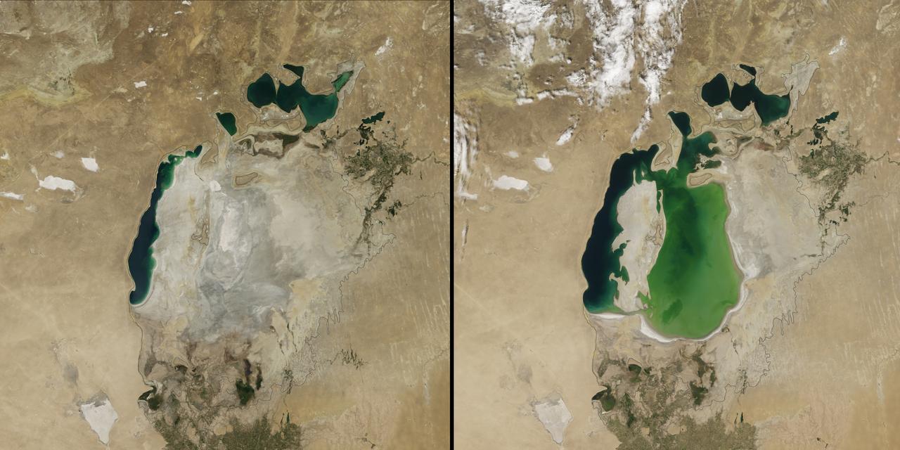 (Aral Sea: left 2014 and right 2000, 1960 extent black line) In the 1960s, the Soviet Union undertook a major water diversion project on the arid plains of Kazakhstan, Uzbekistan, and Turkmenistan. The region’s two major rivers, fed by snowmelt and precipitation in faraway mountains, were used to transform the desert into farms for cotton and other crops. Before the project, the Syr Darya and the Amu Darya rivers flowed down from the mountains, cut northwest through the Kyzylkum Desert, and finally pooled together in the lowest part of the basin. The lake they made, the Aral Sea, was once the fourth largest in the world. Although irrigation made the desert bloom, it devastated the Aral Sea. This series of images from the Moderate Resolution Imaging Spectroradiometer (MODIS) on NASA’s Terra satellite documents the changes. At the start of the series in 2000, the lake was already a fraction of its 1960 extent (black line). The Northern Aral Sea (sometimes called the Small Aral Sea) had separated from the Southern (Large) Aral Sea. The Southern Aral Sea had split into eastern and western lobes that remained tenuously connected at both ends. By 2001, the southern connection had been severed, and the shallower eastern part retreated rapidly over the next several years. Especially large retreats in the eastern lobe of the Southern Sea appear to have occurred between 2005 and 2009, when drought limited and then cut off the flow of the Amu Darya. Water levels then fluctuated annually between 2009 and 2014 in alternately dry and wet years. Dry conditions in 2014 caused the Southern Sea’s eastern lobe to completely dry up for the first time in modern times. Continue reading: <a href="http://1.usa.gov/1nLX9Ku" rel="nofollow">1.usa.gov/1nLX9Ku</a> Read more: <a href="http://1.usa.gov/1pqEnDj" rel="nofollow">1.usa.gov/1pqEnDj</a> Credit: <b><a href="http://www.earthobservatory.nasa.gov/" rel="nofollow"> NASA Earth Observatory</a></b> <b><a href="http://www.nasa.gov/audience/formedia/features/MP_Photo_Guidelines.html" rel="nofollow">NASA image use policy.</a></b> <b><a href="http://www.nasa.gov/centers/goddard/home/index.html" rel="nofollow">NASA Goddard Space Flight Center</a></b> enables NASA’s mission through four scientific endeavors: Earth Science, Heliophysics, Solar System Exploration, and Astrophysics. Goddard plays a leading role in NASA’s accomplishments by contributing compelling scientific knowledge to advance the Agency’s mission. <b>Follow us on <a href="http://twitter.com/NASAGoddardPix" rel="nofollow">Twitter</a></b> <b>Like us on <a href="http://www.facebook.com/pages/Greenbelt-MD/NASA-Goddard/395013845897?ref=tsd" rel="nofollow">Facebook</a></b> <b>Find us on <a href="http://instagram.com/nasagoddard?vm=grid" rel="nofollow">Instagram</a></b>