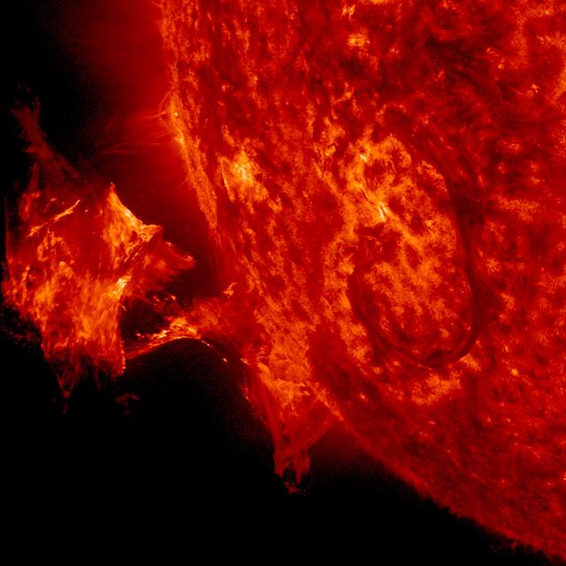 A twisted blob of solar material – a hot, charged gas called plasma – can be seen erupting off the side of the sun on Sept. 26, 2014. The image is from NASA's Solar Dynamics Observatory, focusing in on ionized Helium at 60,000 degrees C. Credit: NASA/SDO <b><a href="http://www.nasa.gov/audience/formedia/features/MP_Photo_Guidelines.html" rel="nofollow">NASA image use policy.</a></b> <b><a href="http://www.nasa.gov/centers/goddard/home/index.html" rel="nofollow">NASA Goddard Space Flight Center</a></b> enables NASA’s mission through four scientific endeavors: Earth Science, Heliophysics, Solar System Exploration, and Astrophysics. Goddard plays a leading role in NASA’s accomplishments by contributing compelling scientific knowledge to advance the Agency’s mission. <b>Follow us on <a href="http://twitter.com/NASAGoddardPix" rel="nofollow">Twitter</a></b> <b>Like us on <a href="http://www.facebook.com/pages/Greenbelt-MD/NASA-Goddard/395013845897?ref=tsd" rel="nofollow">Facebook</a></b> <b>Find us on <a href="http://instagram.com/nasagoddard?vm=grid" rel="nofollow">Instagram</a></b>