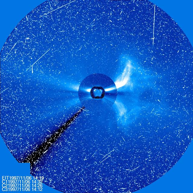 Four different instruments on SOHO show a large CME on Nov. 6, 1997. The sun is at the center, with three coronagraph images of different sizes around it. The streaks of white light are from protons hitting the SOHO cameras producing a snowy effect typical of a significant flare. ..Credit: NASA/SOHO..---..CME WEEK: What To See in CME Images  Two main types of explosions occur on the sun: solar flares and coronal mass ejections. Unlike the energy and x-rays produced in a solar flare – which can reach Earth at the speed of light in eight minutes – coronal mass ejections are giant, expanding clouds of solar material that take one to three days to reach Earth. Once at Earth, these ejections, also called CMEs, can impact satellites in space or interfere with radio communications. During CME WEEK from Sept. 22 to 26, 2014, we explore different aspects of these giant eruptions that surge out from the star we live with.   When a coronal mass ejection blasts off the sun, scientists rely on instruments called coronagraphs to track their progress. Coronagraphs block out the bright light of the sun, so that the much fainter material in the solar atmosphere -- including CMEs -- can be seen in the surrounding space.   CMEs appear in these images as expanding shells of material from the sun's atmosphere -- sometimes a core of colder, solar material (called a filament) from near the sun's surface moves in the center. But mapping out such three-dimensional components from a two-dimensional image isn't easy. Watch the slideshow to find out how scientists interpret what they see in CME pictures.   The images in the slideshow are from the three sets of coronagraphs NASA currently has in space. One is on the joint European Space Agency and NASA Solar and Heliospheric Observatory, or SOHO. SOHO launched in 1995, and sits between Earth and the sun about a million miles away from Earth. The other two coronagraphs are on the two spacecraft of the NASA Solar Terrestrial Relations Observatory, or STEREO, mission, which launched in 2006. The two STEREO spacecraft are both currently viewing the far side of the sun.   Together these instruments help scientists create a three-dimensional model of any CME as its journey unfolds through interplanetary space. Such information can show why a given characteristic of a CME close to the sun might lead to a given effect near Earth, or any other planet in the solar system...<b><a href="http://www.nasa.gov/audience/formedia/features/MP_Photo_Guidelines.html" rel="nofollow">NASA image use policy.</a></b>  <b><a href="http://www.nasa.gov/centers/goddard/home/index.html" rel="nofollow">NASA Goddard Space Flight Center</a></b> enables NASA’s mission through four scientific endeavors: Earth Science, Heliophysics, Solar System Exploration, and Astrophysics. Goddard plays a leading role in NASA’s accomplishments by contributing compelling scientific knowledge to advance the Agency’s mission. <b>Follow us on <a href="http://twitter.com/NASAGoddardPix" rel="nofollow">Twitter</a></b> <b>Like us on <a href="http://www.facebook.com/pages/Greenbelt-MD/NASA-Goddard/395013845897?ref=tsd" rel="nofollow">Facebook</a></b> <b>Find us on <a href="http://instagram.com/nasagoddard?vm=grid" rel="nofollow">Instagram</a></b>  