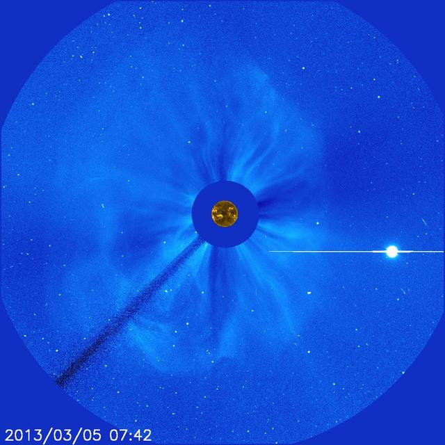 There's no way to tell from this SOHO image whether the halo CME on March 5, 2013, originated from the front or far of the sun. But the STEREO spacecraft were watching the sun from the sides and showed it was from the far side. The bright planet is Venus.   Credit: NASA/SOHO  CME WEEK: What To See in CME Images  Two main types of explosions occur on the sun: solar flares and coronal mass ejections. Unlike the energy and x-rays produced in a solar flare – which can reach Earth at the speed of light in eight minutes – coronal mass ejections are giant, expanding clouds of solar material that take one to three days to reach Earth. Once at Earth, these ejections, also called CMEs, can impact satellites in space or interfere with radio communications. During CME WEEK from Sept. 22 to 26, 2014, we explore different aspects of these giant eruptions that surge out from the star we live with.   When a coronal mass ejection blasts off the sun, scientists rely on instruments called coronagraphs to track their progress. Coronagraphs block out the bright light of the sun, so that the much fainter material in the solar atmosphere -- including CMEs -- can be seen in the surrounding space.   CMEs appear in these images as expanding shells of material from the sun's atmosphere -- sometimes a core of colder, solar material (called a filament) from near the sun's surface moves in the center. But mapping out such three-dimensional components from a two-dimensional image isn't easy. Watch the slideshow to find out how scientists interpret what they see in CME pictures.   The images in the slideshow are from the three sets of coronagraphs NASA currently has in space. One is on the joint European Space Agency and NASA Solar and Heliospheric Observatory, or SOHO. SOHO launched in 1995, and sits between Earth and the sun about a million miles away from Earth. The other two coronagraphs are on the two spacecraft of the NASA Solar Terrestrial Relations Observatory, or STEREO, mission, which launched in 2006. The two STEREO spacecraft are both currently viewing the far side of the sun.   Together these instruments help scientists create a three-dimensional model of any CME as its journey unfolds through interplanetary space. Such information can show why a given characteristic of a CME close to the sun might lead to a given effect near Earth, or any other planet in the solar system...<b><a href="http://www.nasa.gov/audience/formedia/features/MP_Photo_Guidelines.html" rel="nofollow">NASA image use policy.</a></b>  <b><a href="http://www.nasa.gov/centers/goddard/home/index.html" rel="nofollow">NASA Goddard Space Flight Center</a></b> enables NASA’s mission through four scientific endeavors: Earth Science, Heliophysics, Solar System Exploration, and Astrophysics. Goddard plays a leading role in NASA’s accomplishments by contributing compelling scientific knowledge to advance the Agency’s mission. <b>Follow us on <a href="http://twitter.com/NASAGoddardPix" rel="nofollow">Twitter</a></b> <b>Like us on <a href="http://www.facebook.com/pages/Greenbelt-MD/NASA-Goddard/395013845897?ref=tsd" rel="nofollow">Facebook</a></b> <b>Find us on <a href="http://instagram.com/nasagoddard?vm=grid" rel="nofollow">Instagram</a></b>  