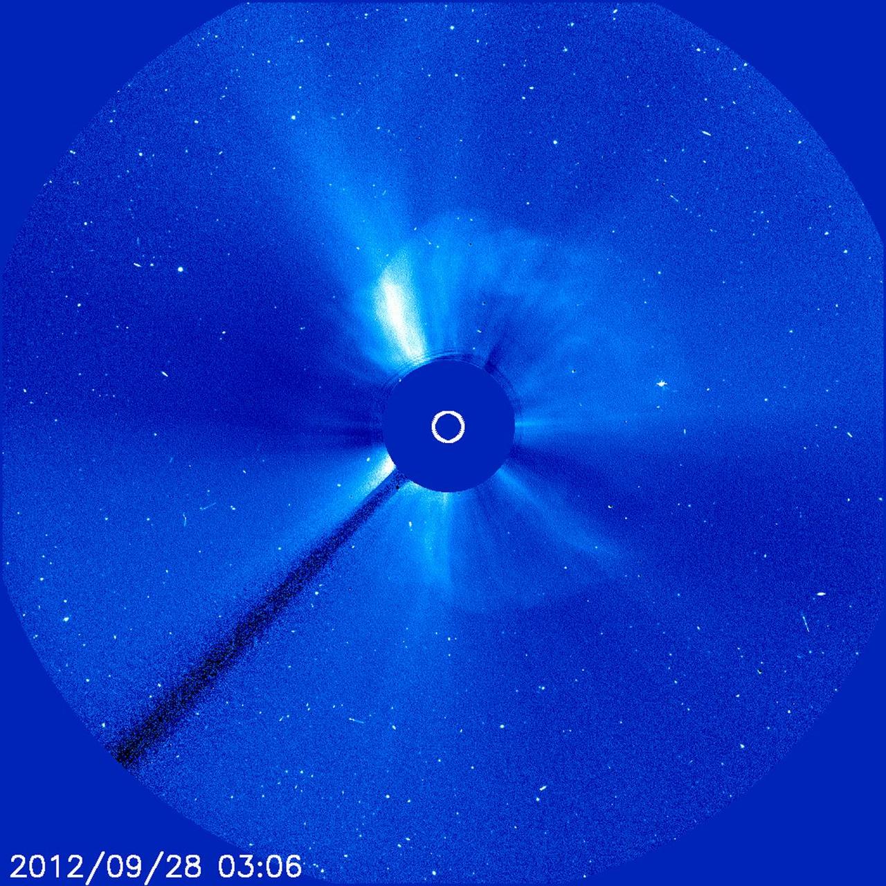 A giant cloud appears to expand outward from the sun in all directions in this image from Sept. 28, 2012, which is called a halo CME. This kind of image occurs when a CME moves toward Earth – as here – or directly away from it. Credit: ESA/NASA/SOHO CME WEEK: What To See in CME Images Two main types of explosions occur on the sun: solar flares and coronal mass ejections. Unlike the energy and x-rays produced in a solar flare – which can reach Earth at the speed of light in eight minutes – coronal mass ejections are giant, expanding clouds of solar material that take one to three days to reach Earth. Once at Earth, these ejections, also called CMEs, can impact satellites in space or interfere with radio communications. During CME WEEK from Sept. 22 to 26, 2014, we explore different aspects of these giant eruptions that surge out from the star we live with. When a coronal mass ejection blasts off the sun, scientists rely on instruments called coronagraphs to track their progress. Coronagraphs block out the bright light of the sun, so that the much fainter material in the solar atmosphere -- including CMEs -- can be seen in the surrounding space. CMEs appear in these images as expanding shells of material from the sun's atmosphere -- sometimes a core of colder, solar material (called a filament) from near the sun's surface moves in the center. But mapping out such three-dimensional components from a two-dimensional image isn't easy. Watch the slideshow to find out how scientists interpret what they see in CME pictures. The images in the slideshow are from the three sets of coronagraphs NASA currently has in space. One is on the joint European Space Agency and NASA Solar and Heliospheric Observatory, or SOHO. SOHO launched in 1995, and sits between Earth and the sun about a million miles away from Earth. The other two coronagraphs are on the two spacecraft of the NASA Solar Terrestrial Relations Observatory, or STEREO, mission, which launched in 2006. The two STEREO spacecraft are both currently viewing the far side of the sun. Together these instruments help scientists create a three-dimensional model of any CME as its journey unfolds through interplanetary space. Such information can show why a given characteristic of a CME close to the sun might lead to a given effect near Earth, or any other planet in the solar system...<b><a href="http://www.nasa.gov/audience/formedia/features/MP_Photo_Guidelines.html" rel="nofollow">NASA image use policy.</a></b> <b><a href="http://www.nasa.gov/centers/goddard/home/index.html" rel="nofollow">NASA Goddard Space Flight Center</a></b> enables NASA’s mission through four scientific endeavors: Earth Science, Heliophysics, Solar System Exploration, and Astrophysics. Goddard plays a leading role in NASA’s accomplishments by contributing compelling scientific knowledge to advance the Agency’s mission. <b>Follow us on <a href="http://twitter.com/NASAGoddardPix" rel="nofollow">Twitter</a></b> <b>Like us on <a href="http://www.facebook.com/pages/Greenbelt-MD/NASA-Goddard/395013845897?ref=tsd" rel="nofollow">Facebook</a></b> <b>Find us on <a href="http://instagram.com/nasagoddard?vm=grid" rel="nofollow">Instagram</a></b>