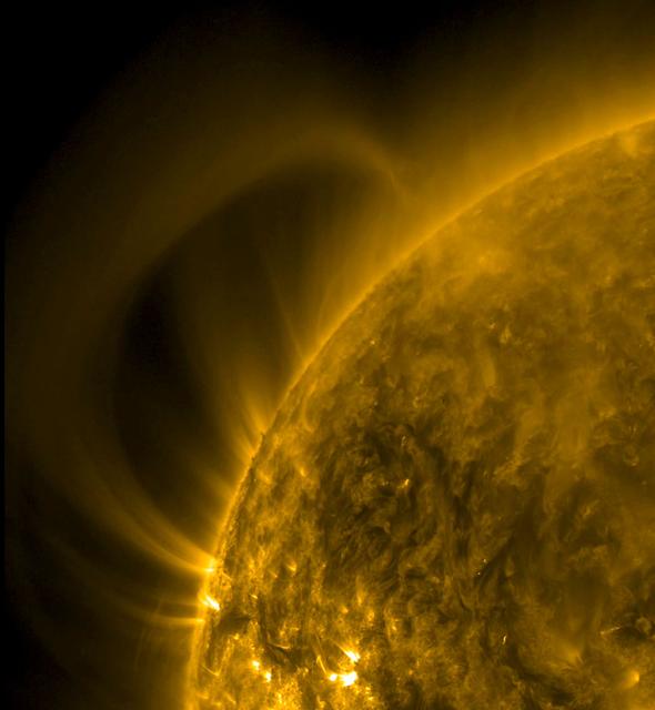 A giant arch of plasma rose up out of the Sun and then stretched itself until it had reached back to a point behind our view of the Sun (Sept, 17-18, 2014). Since it emerged from a magnetically intense active region, the arch is likely connecting to another active region over the Sun's horizon. We rarely see material extend this distance. The images were observed in the extreme ultraviolet wavelength of 171 Angstroms. Credit: NASA/Solar Dynamics Observatory <b><a href="http://www.nasa.gov/audience/formedia/features/MP_Photo_Guidelines.html" rel="nofollow">NASA image use policy.</a></b> <b><a href="http://www.nasa.gov/centers/goddard/home/index.html" rel="nofollow">NASA Goddard Space Flight Center</a></b> enables NASA’s mission through four scientific endeavors: Earth Science, Heliophysics, Solar System Exploration, and Astrophysics. Goddard plays a leading role in NASA’s accomplishments by contributing compelling scientific knowledge to advance the Agency’s mission. <b>Follow us on <a href="http://twitter.com/NASAGoddardPix" rel="nofollow">Twitter</a></b> <b>Like us on <a href="http://www.facebook.com/pages/Greenbelt-MD/NASA-Goddard/395013845897?ref=tsd" rel="nofollow">Facebook</a></b> <b>Find us on <a href="http://instagram.com/nasagoddard?vm=grid" rel="nofollow">Instagram</a></b>