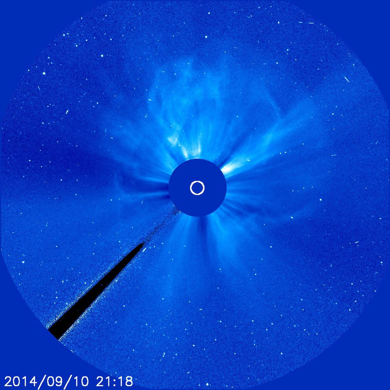 An active region just about squarely facing Earth erupted with an X 1.6 flare (largest class) as well as a coronal mass ejection (CME) on Sept. 10-11, 2014. This event featured both a long flare decay time and a storm of electrically charged, energetic particles. The particles can be seen as bright white specks scattering across the frames. The coronagraph movie shows the cloud of particles expanding in all directions as if it were creating a halo around the Sun.  Data shows that the CME was heading towards Earth that could generate strong aurora displays several days later. In coronagraph images the Sun (represented by the small white circle in the center) is blocked by an occulting disk so that we can observe faint features in the corona and beyond.   Credit: NASA/ESA/Goddard/SOHO  <b><a href="http://www.nasa.gov/audience/formedia/features/MP_Photo_Guidelines.html" rel="nofollow">NASA image use policy.</a></b>  <b><a href="http://www.nasa.gov/centers/goddard/home/index.html" rel="nofollow">NASA Goddard Space Flight Center</a></b> enables NASA’s mission through four scientific endeavors: Earth Science, Heliophysics, Solar System Exploration, and Astrophysics. Goddard plays a leading role in NASA’s accomplishments by contributing compelling scientific knowledge to advance the Agency’s mission. <b>Follow us on <a href="http://twitter.com/NASAGoddardPix" rel="nofollow">Twitter</a></b> <b>Like us on <a href="http://www.facebook.com/pages/Greenbelt-MD/NASA-Goddard/395013845897?ref=tsd" rel="nofollow">Facebook</a></b> <b>Find us on <a href="http://instagram.com/nasagoddard?vm=grid" rel="nofollow">Instagram</a></b>  