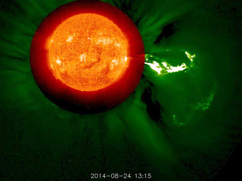 STEREO (Behind) captured this magnificent coronal mass ejection (associated with an M-class flare) that flung a long stream of plasma into space (Aug. 24, 2014). We have combined a view of the Sun in extreme UV light with a broader visible light view of the Sun's corona. It is interesting to note that a lot of the plasma, lacking sufficient kinetic energy to break free from the Sun's gravity, was pulled back into the Sun.   Credit: NASA/STEREO  <b><a href="http://www.nasa.gov/audience/formedia/features/MP_Photo_Guidelines.html" rel="nofollow">NASA image use policy.</a></b>  <b><a href="http://www.nasa.gov/centers/goddard/home/index.html" rel="nofollow">NASA Goddard Space Flight Center</a></b> enables NASA’s mission through four scientific endeavors: Earth Science, Heliophysics, Solar System Exploration, and Astrophysics. Goddard plays a leading role in NASA’s accomplishments by contributing compelling scientific knowledge to advance the Agency’s mission. <b>Follow us on <a href="http://twitter.com/NASAGoddardPix" rel="nofollow">Twitter</a></b> <b>Like us on <a href="http://www.facebook.com/pages/Greenbelt-MD/NASA-Goddard/395013845897?ref=tsd" rel="nofollow">Facebook</a></b> <b>Find us on <a href="http://instagram.com/nasagoddard?vm=grid" rel="nofollow">Instagram</a></b>