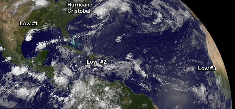 Although there's only one formed tropical cyclone in the Atlantic: Hurricane Cristobal, there are three other developing areas of low pressure and all were captured in this panoramic image from NOAA's GOES-East satellite today at 8 a.m. EDT. Cristobal is a hurricane located east of the U.S. East coast and is forecast to move up toward eastern Canada tonight (and stay off-shore). The  image was made at NASA's GOES Project at NASA's Goddard Space Flight Center in Greenbelt, Maryland.    Low #1. A weak area of low pressure near the coast of South Texas is producing disorganized showers and thunderstorms. Significant development of this system is unlikely before it moves inland over South Texas and northern Mexico today. It has a ten percent chance of development into a tropical depression in the next 2 days.   Low #2. A tropical wave located over the eastern Caribbean Sea continues to produce disorganized cloudiness and showers. Upper-level winds are expected to remain unfavorable for development during the next couple of days while the system moves across the eastern and central Caribbean Sea. However, environmental conditions could become conducive for some development when the system moves over the northwestern Caribbean Sea on Sunday and into the southwestern Gulf of Mexico early next week. It has a near zero chance to develop in the next 2 days.  Low #3. A tropical wave is forecast to move off the west coast of Africa on Friday. Environmental conditions could be conducive for some gradual development of this system while it moves westward at 10 to 15 mph across the eastern Atlantic early next week. This has a near zero chance of development in the next two days.    <b><a href="http://www.nasa.gov/audience/formedia/features/MP_Photo_Guidelines.html" rel="nofollow">NASA image use policy.</a></b>  <b><a href="http://www.nasa.gov/centers/goddard/home/index.html" rel="nofollow">NASA Goddard Space Flight Center</a></b> enables NASA’s mission through four scientific endeavors: Earth Science, Heliophysics, Solar System Exploration, and Astrophysics. Goddard plays a leading role in NASA’s accomplishments by contributing compelling scientific knowledge to advance the Agency’s mission. <b>Follow us on <a href="http://twitter.com/NASAGoddardPix" rel="nofollow">Twitter</a></b> <b>Like us on <a href="http://www.facebook.com/pages/Greenbelt-MD/NASA-Goddard/395013845897?ref=tsd" rel="nofollow">Facebook</a></b> <b>Find us on <a href="http://instagram.com/nasagoddard?vm=grid" rel="nofollow">Instagram</a></b>
